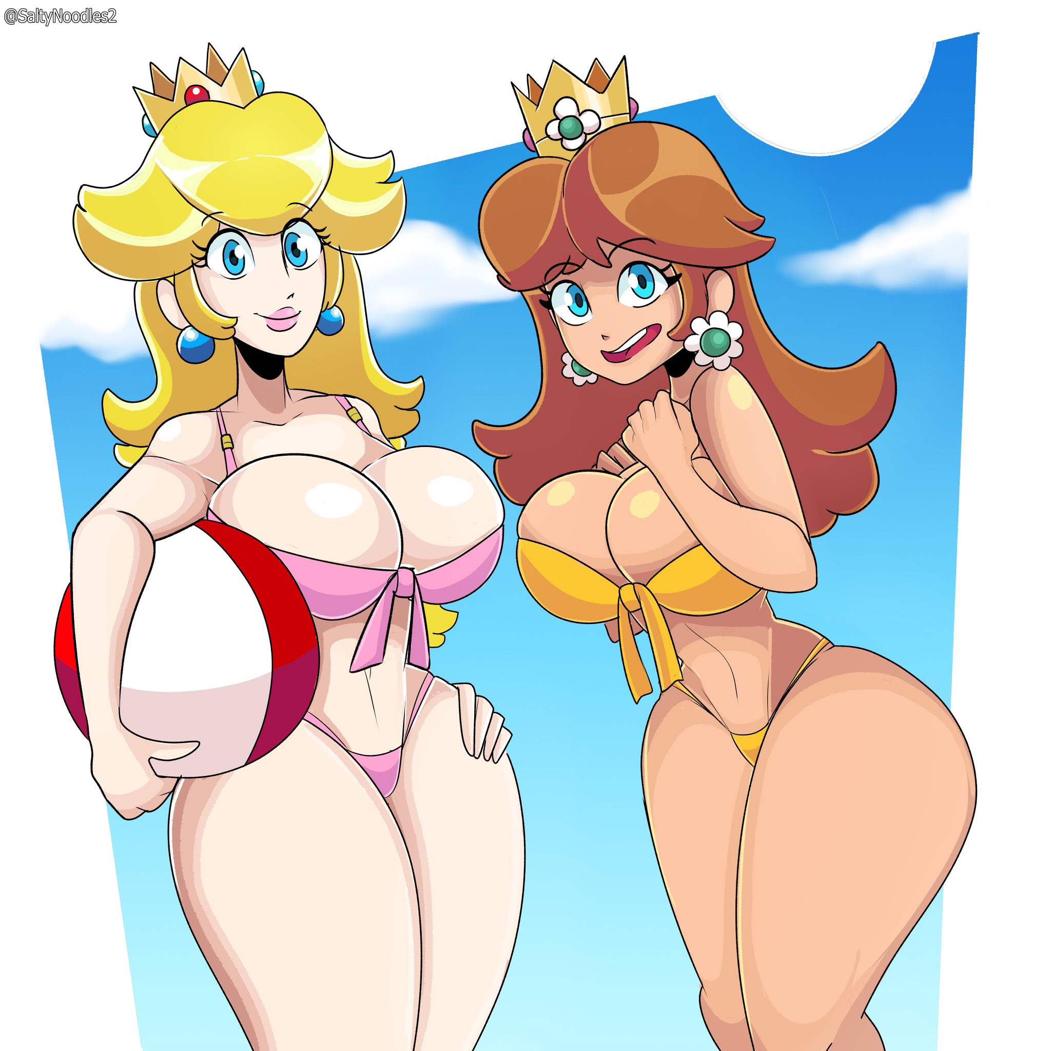 2021, 2girls, beach ball, beach towel, big breasts, bikini, blonde hair, blue eyes, breasts, brown hair, cleavage, clothing, cloud, crown, curvy, cute, earrings, female, female only, hands on hips, happy, holding object, human, light skin, looking at viewer, male, mario (series), multiple boys, multiple males, nintendo, orange bikini, outdoors, pink bikini, princess daisy, princess peach, saltynoodles, skimpy bikini, skin tone difference, sky, smile, smiling, string bikini, swimsuit, tan skin, thick thighs, thighs, voluptuous, yellow bikini