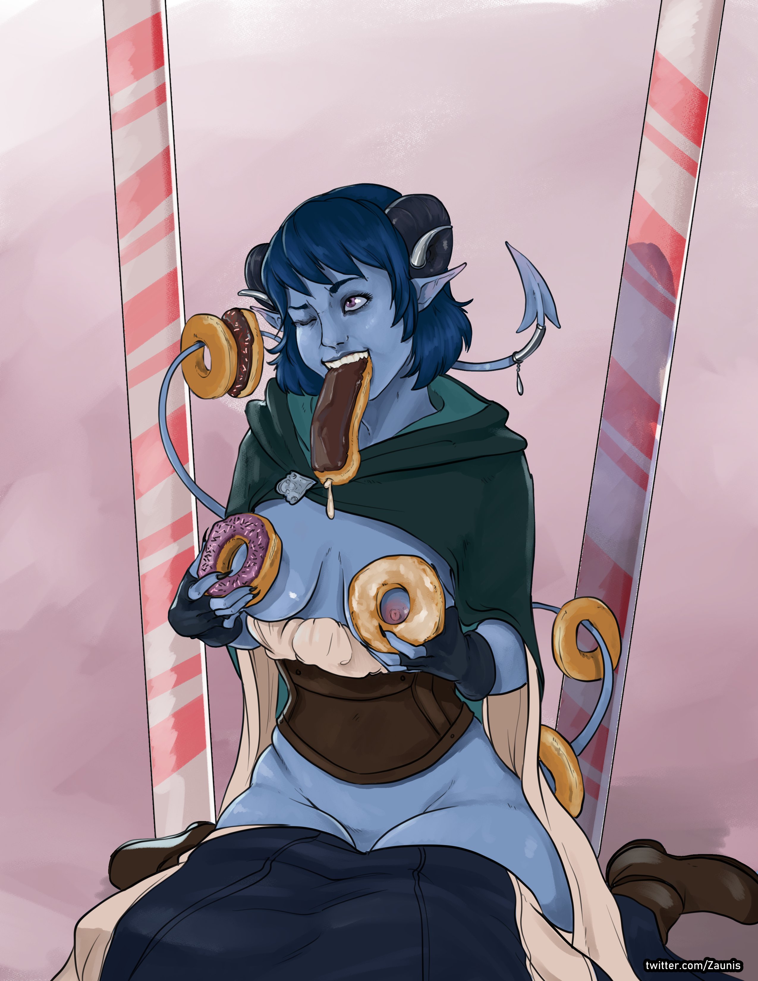 1boy, 1girls, blue hair, blue skin, boots, breasts, breasts out, cleric, corset, critical role, critical role: the mighty nein, demon, donut, dungeons and dragons, female, female focus, food, food play, hood, horns, humanoid, jester lavorre, male, partially clothed, pointy ears, sitting on person, tail, tiefling, wink, winking, zaun-derground