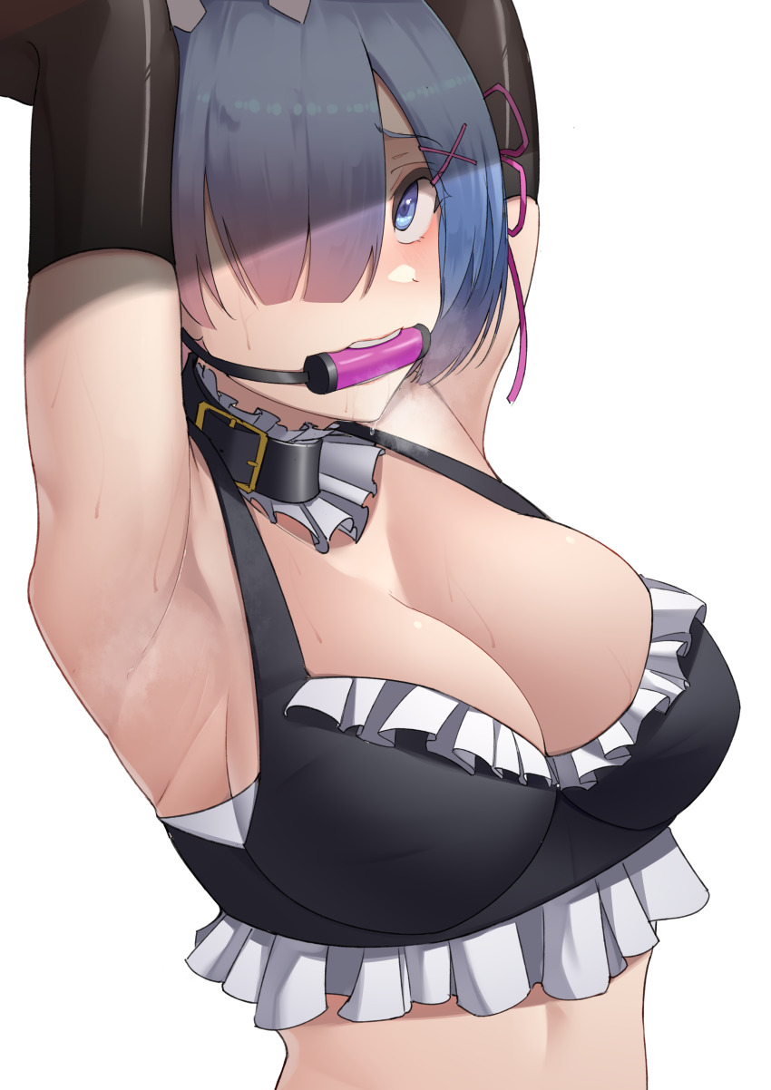 1girls, absurdres, armpits, arms up, bit gag, blue eyes, blue hair, bondage, breasts, cleavage, detached collar, female, female only, gag, gagged, hair ornament, hair over one eye, hair ribbon, harris hero, highres, human, large breasts, looking at viewer, purple ribbon, re:zero kara hajimeru isekai seikatsu, rem (re:zero), ribbon, saliva, short hair, simple background, solo, solo female, sweat, upper body, white background, x hair ornament