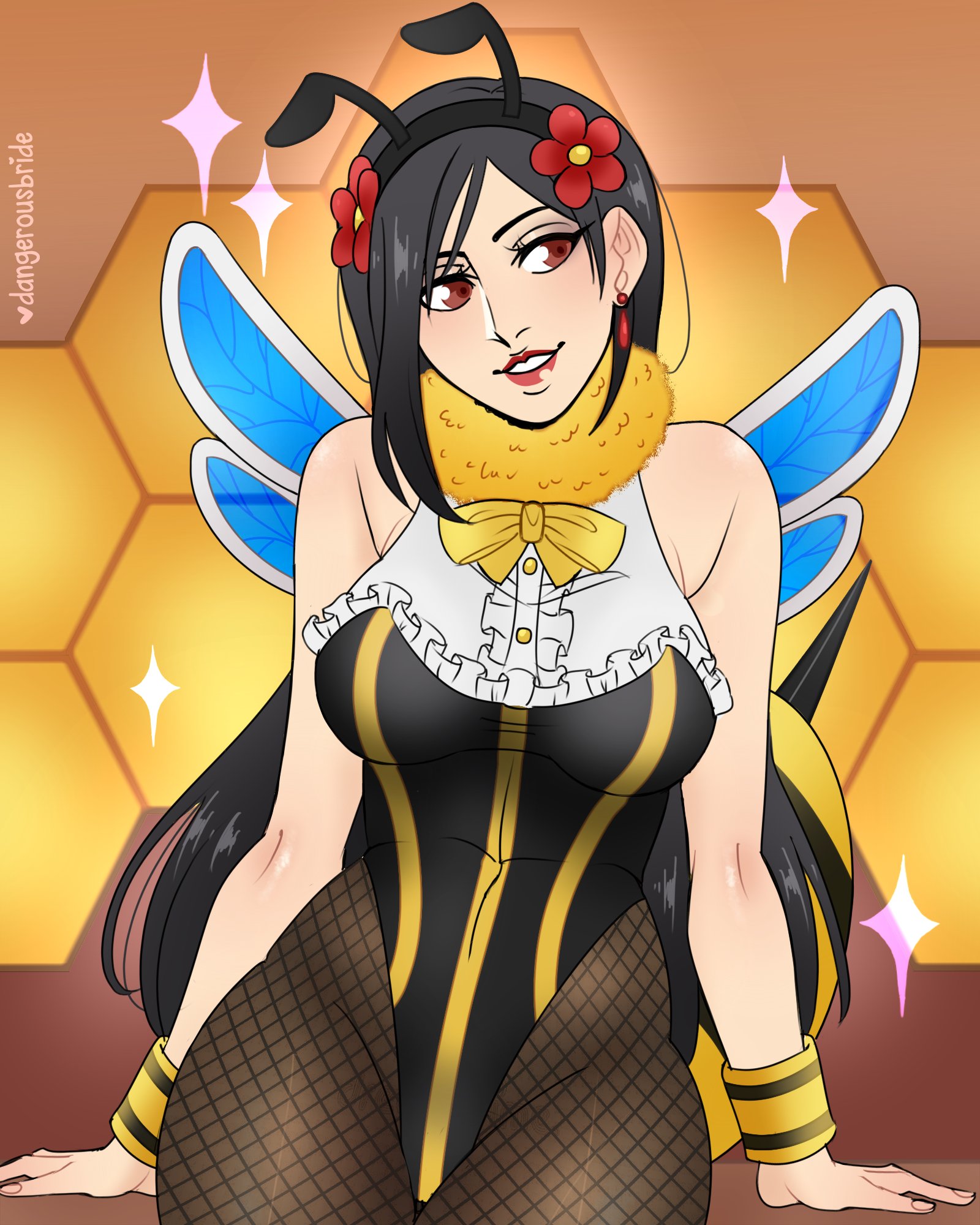 1girls, antennae, bee costume, bee girl, black hair, brown eyes, costume, dangerousbride, earrings, fake antennae, fake wings, female, female only, final fantasy, final fantasy vii, final fantasy vii remake, hair flower, hi res, honey bee inn, honeybee inn uniform, insect wings, leaning back, leotard, long hair, looking away, neck fur, pantyhose, red lipstick, solo, solo female, sparkle, square enix, tifa lockhart, upper body, wide hips, wristband