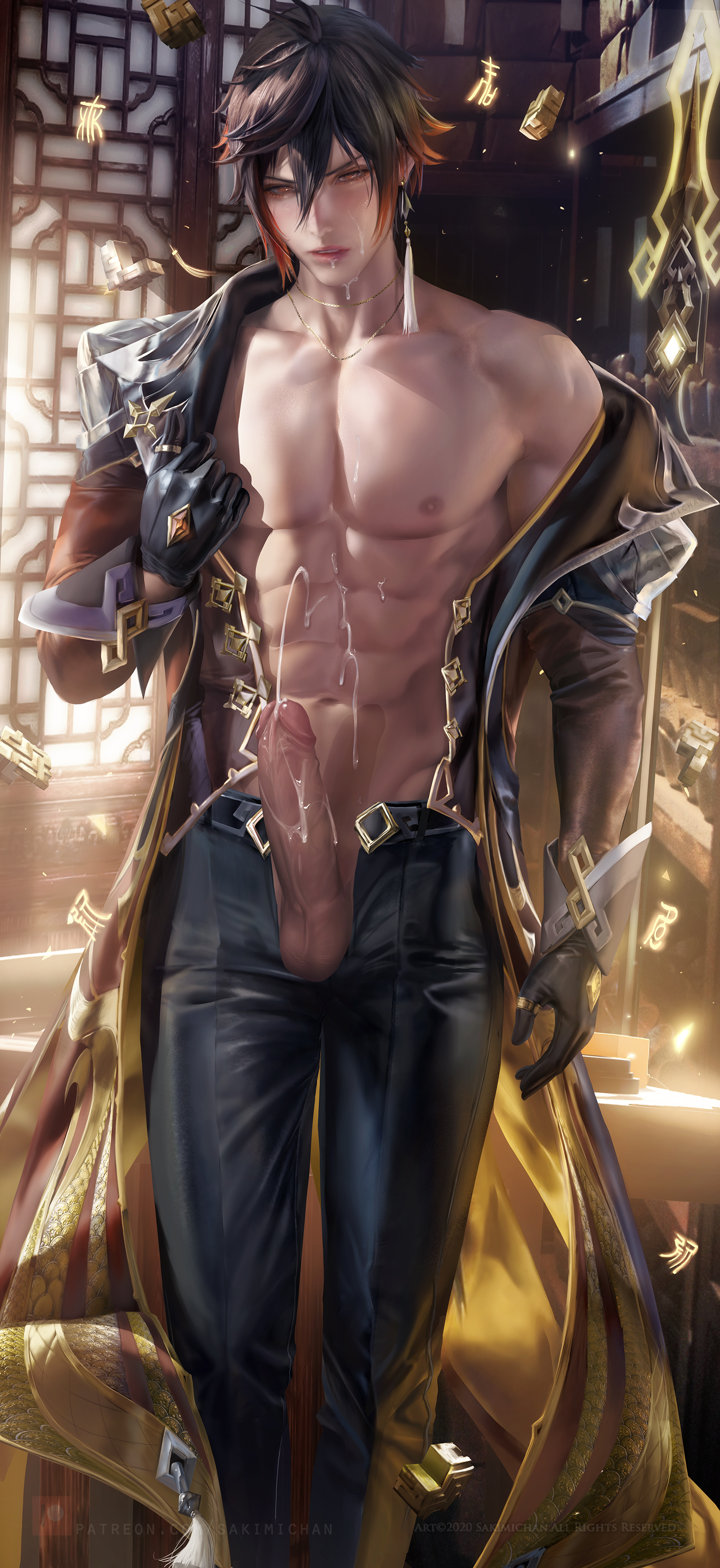 cum, cumming, erection, genshin impact, male, male only, nude, penis, sakimichan, zhongli (genshin impact)