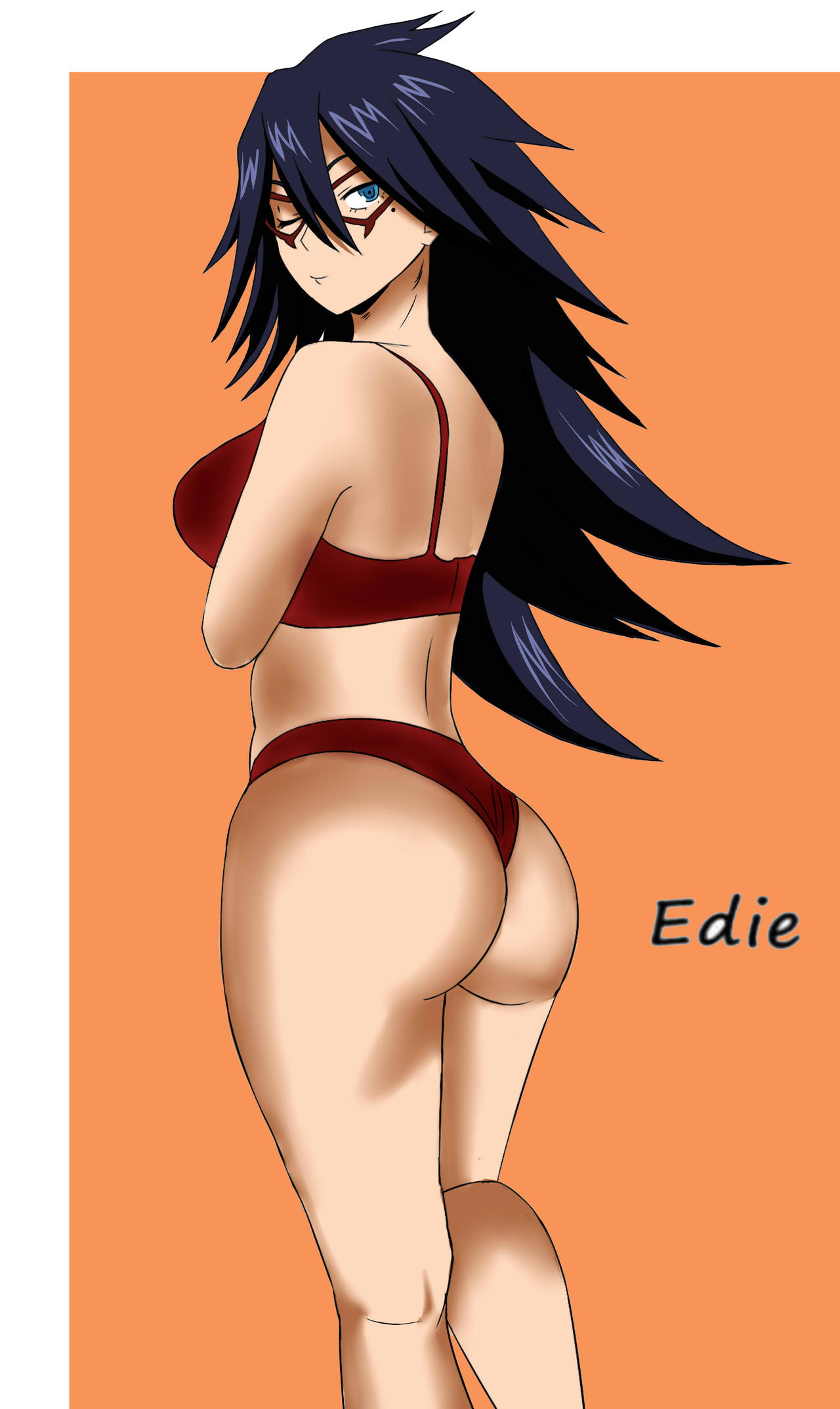 ass, big ass, bra, clothing, ediiee, female, half naked, legs together, looking back, matching underwear, midnight (my hero academia), my hero academia, nemuri kayama, panties, red bra, red panties, thick thighs, underwear