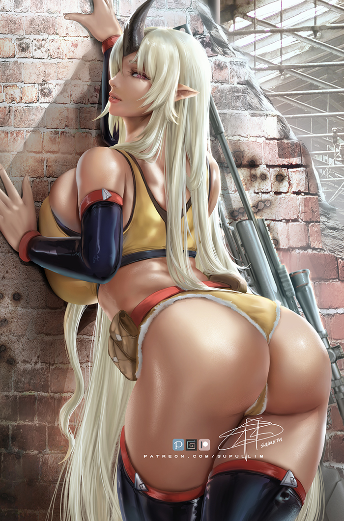 1girls, 2021, against wall, alternate costume, alternate version available, ass, big ass, big butt, blonde hair, breasts, breasts bigger than head, cameltoe, dark skin, dark-skinned female, female, female focus, female only, horn, huge breasts, humanoid, large breasts, long hair, looking at viewer, looking back, monster girl, monster musume no iru nichijou, oni, patreon username, pink eyes, pinup, pointy ears, presenting, presenting hindquarters, pussy, rifle, signature, skimpy, supullim, tank top, tionishia, very long hair, watermark