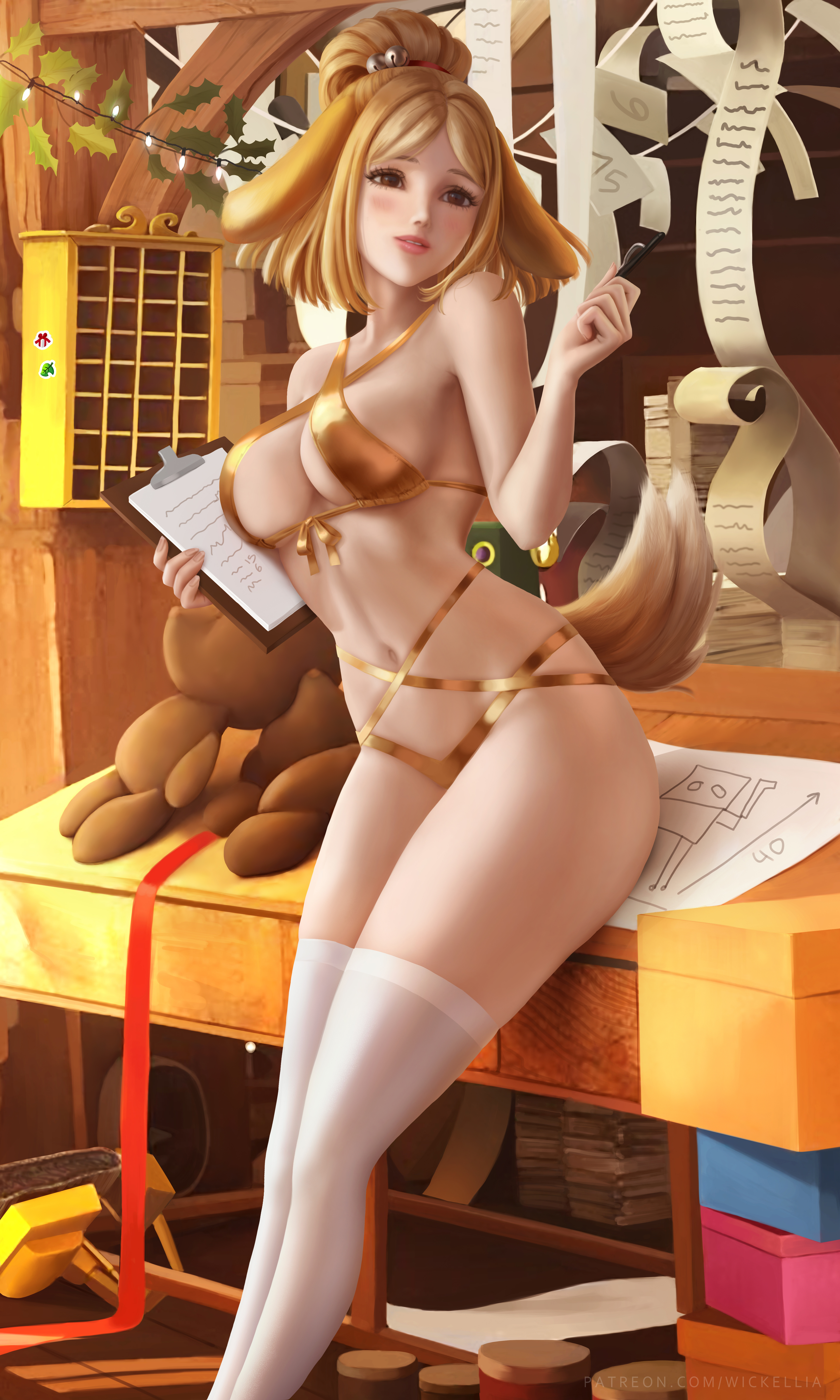 1girls, alternate version available, animal crossing, bear, belly, belly button, bikini, blonde hair, breasts, brown eyes, dog ears, dog tail, eyebrows, female, female focus, female only, hair, hair ornament, high resolution, highres, humanized, isabelle (animal crossing), looking away, medium breasts, medium hair, navel, nintendo, solo, solo female, solo focus, tail, thick thighs, thighhighs, tied hair, very high resolution, wickellia