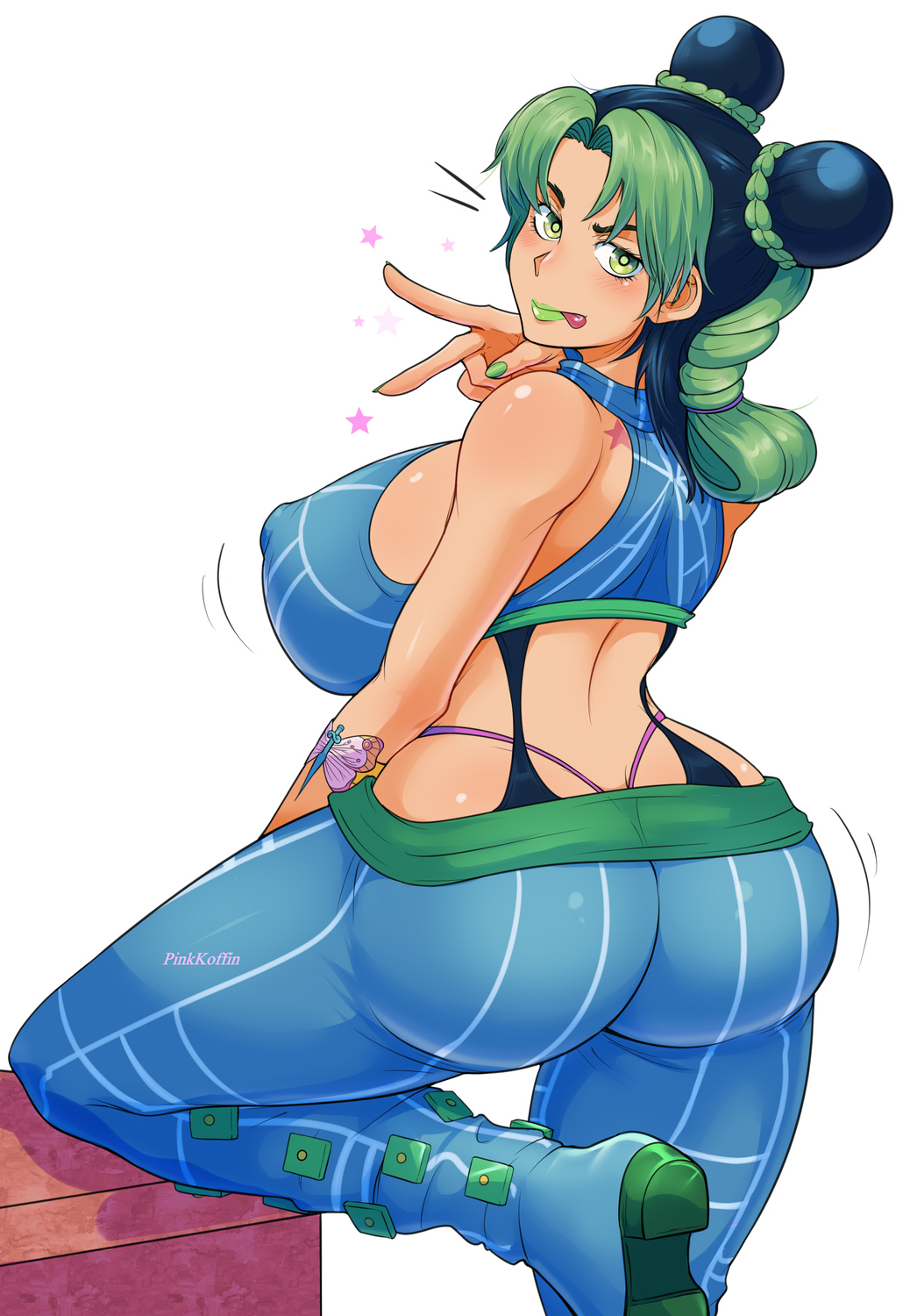 1girls, ass, ass cleavage, ass crack, breasts, butt crack, erect nipples, erect nipples under clothes, female, female only, green hair, human, jojo's bizarre adventure, jolyne kujo, light skin, light-skinned female, long hair, multicolored hair, nipple bulge, nipples, no bra, pinkkoffin, shounen jump, solo, solo female, stone ocean, thick thighs, tongue, tongue out, wide hips