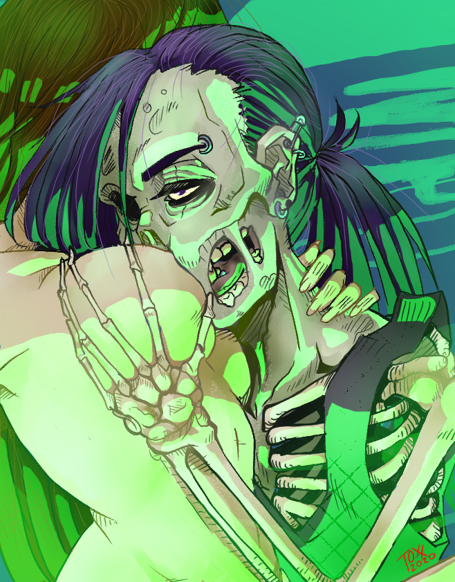 breast_grab breasts brown_hair earrings eyebrow_piercing female male male/female nipple_suck nude_female original_character piercing purple_hair ribcage skeleton straight tank_top toxxicredd zombie zombie_girl