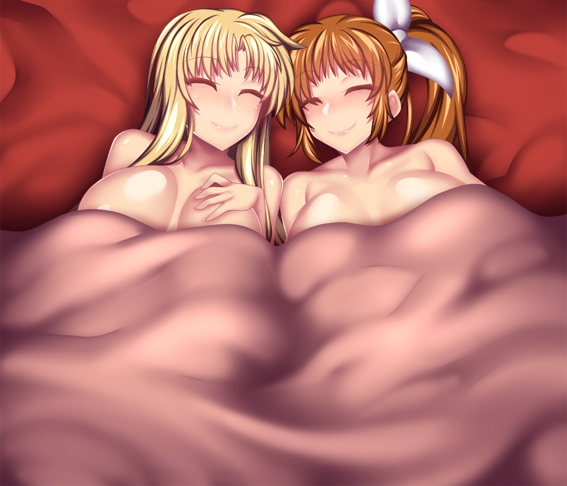 2girls, bed, blonde hair, breasts, brown hair, fate testarossa, female, female only, fi-san, huge breasts, long hair, lyrical nanoha, nanoha takamachi, sleeping, takamachi nanoha, under covers, wholesome, yuri