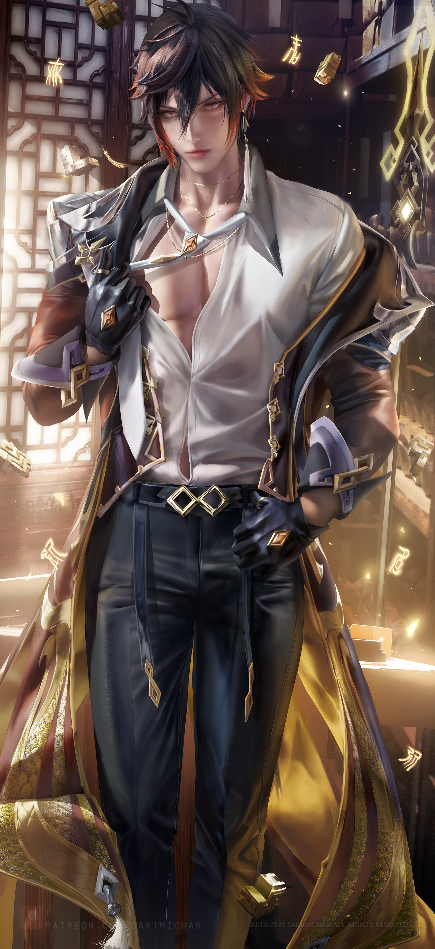 genshin impact, handsome, male, male focus, male only, sakimichan, zhongli (genshin impact)