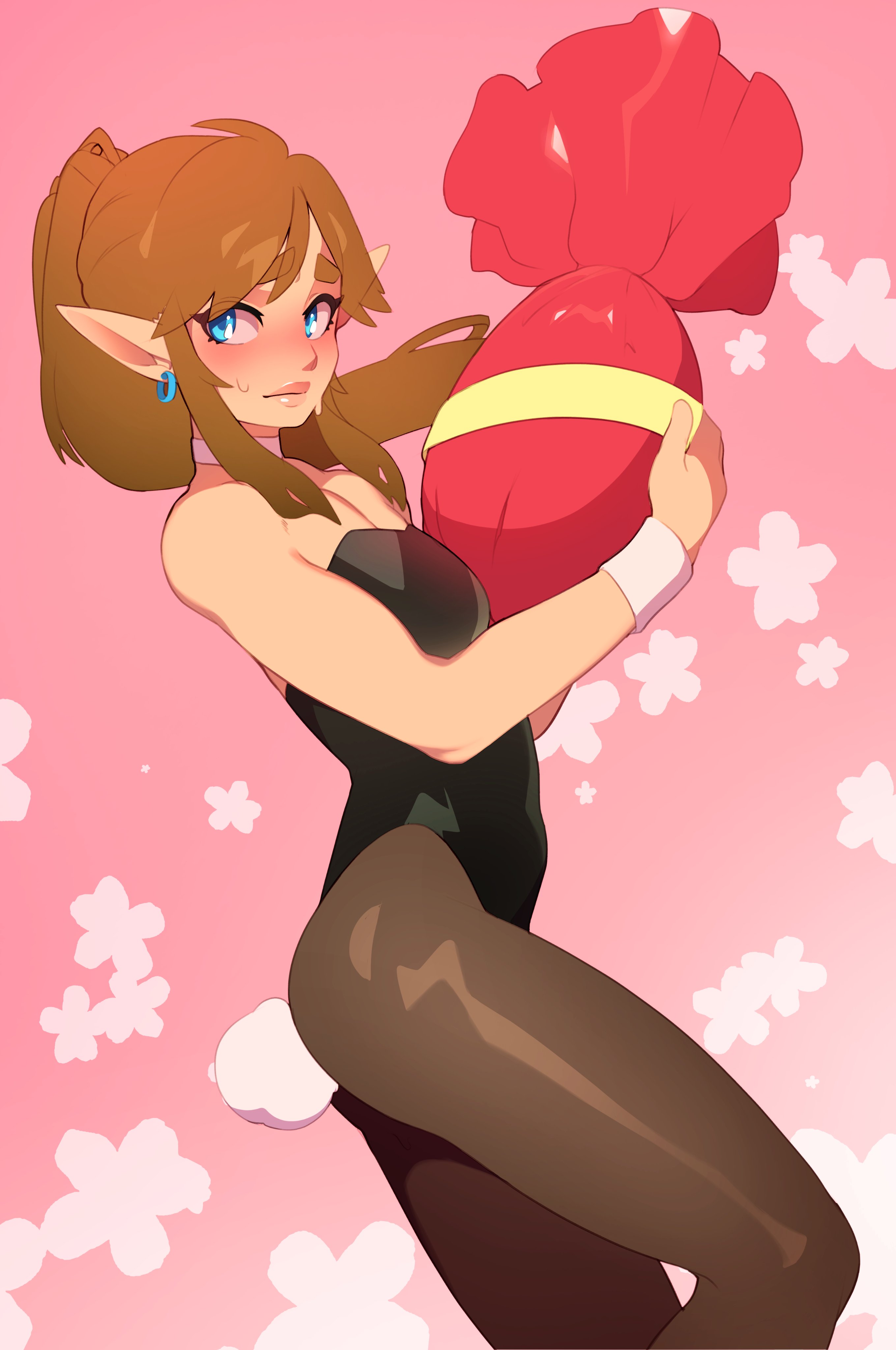 1boy, 1femboy, absurd res, androgynous, blue eyes, blush, brown hair, bunny boy, bunny tail, bunnysuit, canon crossdressing, choker, combos-n-doodles, crossdressing, earrings, easter, easter egg, femboy, feminine male, girly, hoop earrings, hylian, hylian ears, link, long hair, looking at viewer, male, male only, nintendo, pantyhose, pointy ears, ponytail, solo, solo male, sweat, the legend of zelda, trap, wrist cuffs