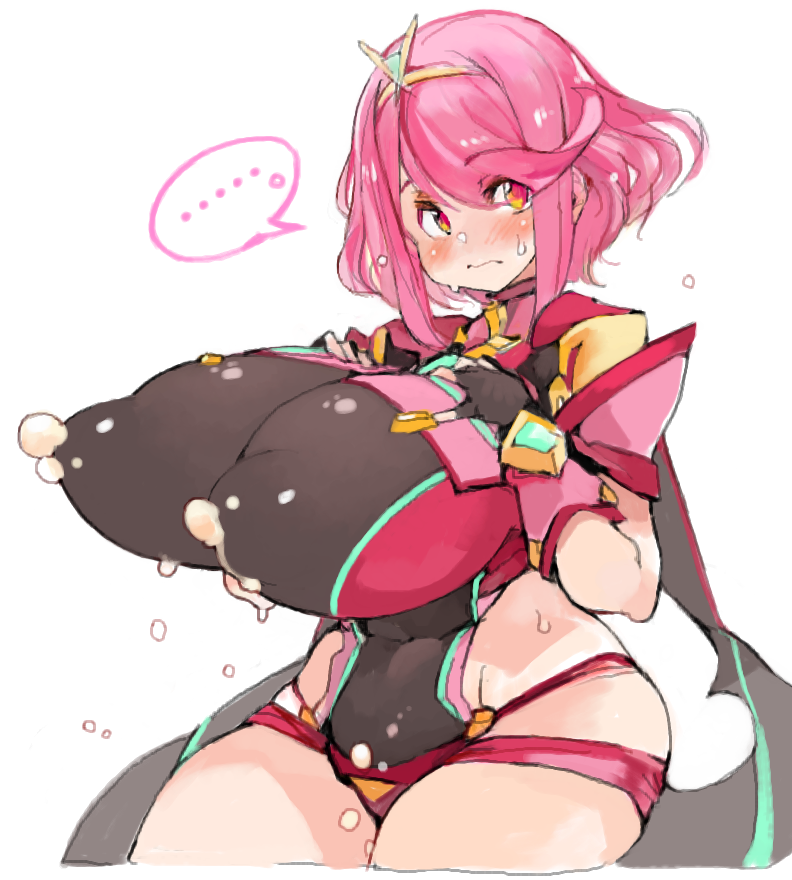 1girls, blush, breasts, cleavage, female, female only, huge breasts, lactation, lactation through clothes, milk, nintendo, pyra, sachito, solo, thick thighs, white background, wide hips, xenoblade (series), xenoblade chronicles 2