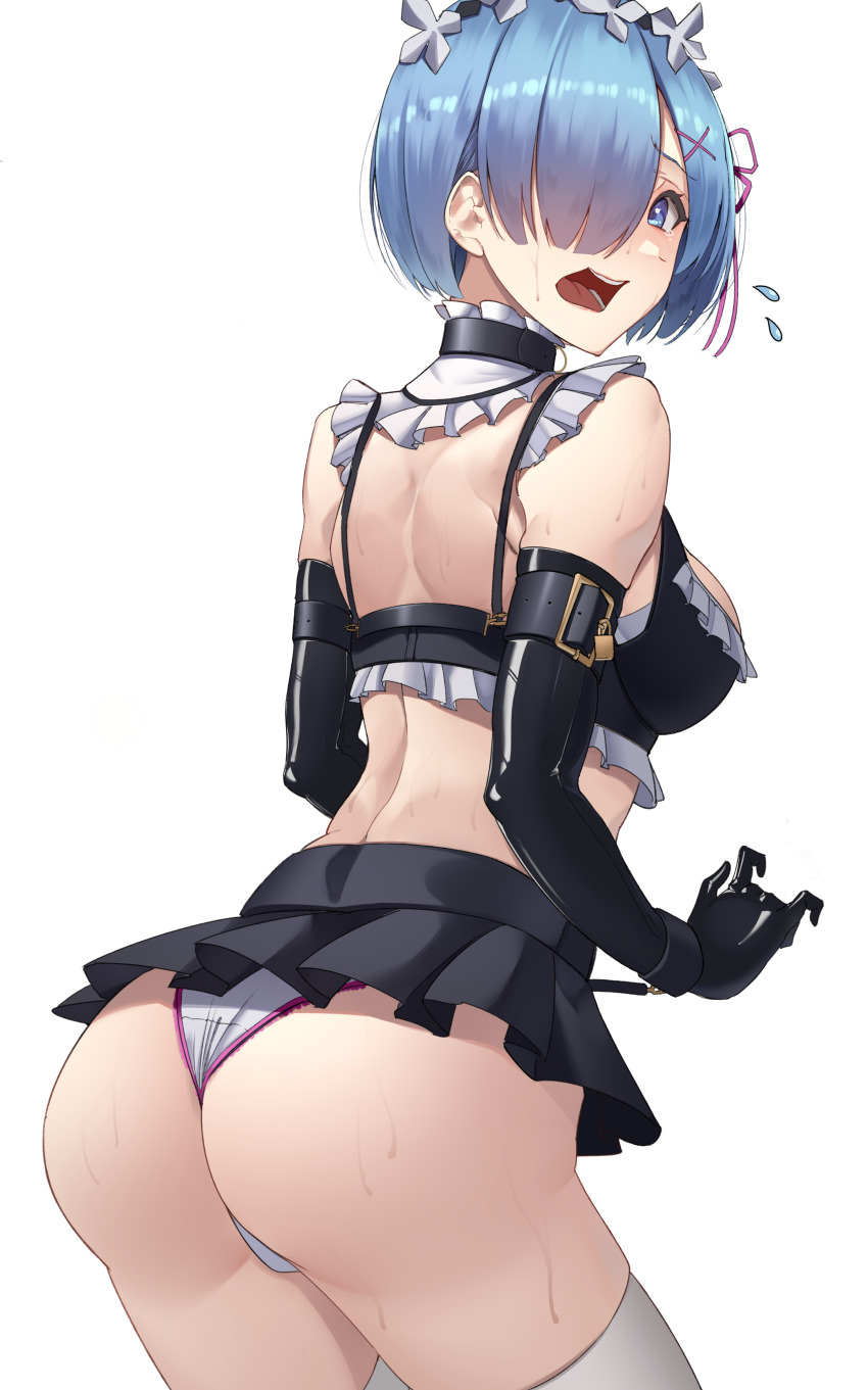 absurdres, ass, black gloves, black skirt, blue eyes, blue hair, bondage, breasts, detached collar, elbow gloves, female, female only, from behind, gloves, hair ornament, hair over one eye, hair ribbon, harris hero, highres, large breasts, latex, latex gloves, open mouth, panties, purple ribbon, re:zero kara hajimeru isekai seikatsu, rem (re:zero), ribbon, short hair, simple background, skirt, solo, solo female, sweat, thighhighs, underwear, white background, white legwear, white panties, x hair ornament