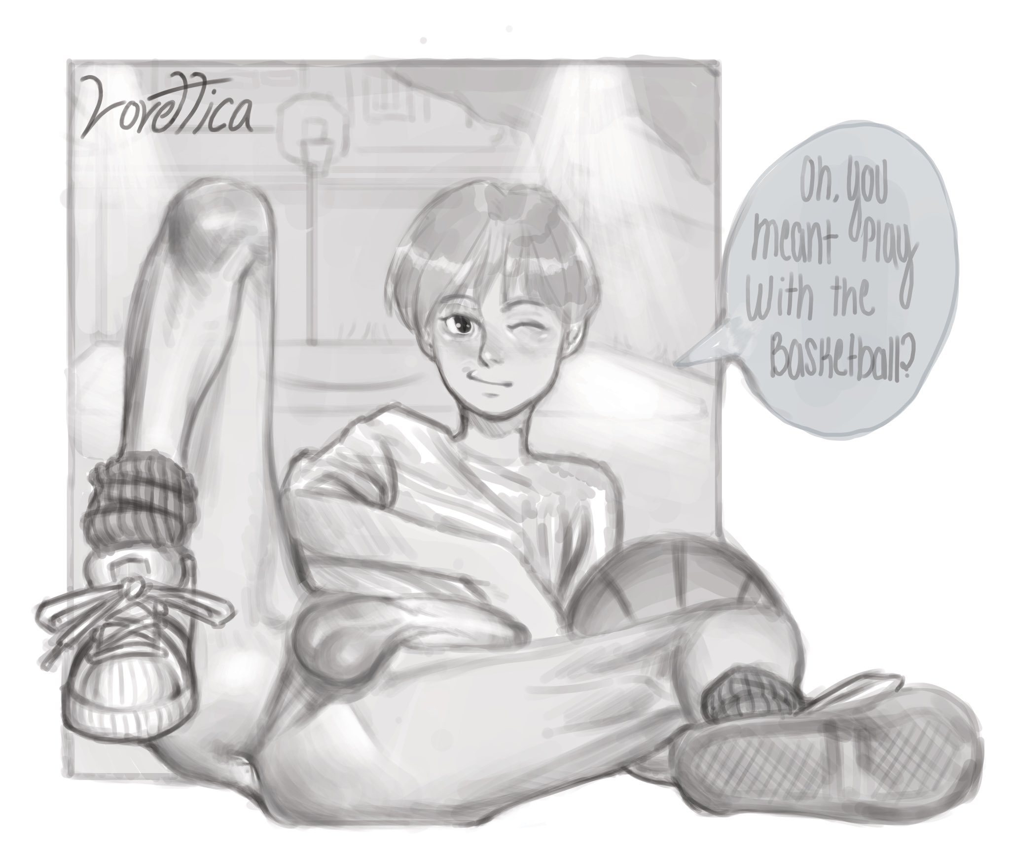 anus, ass, balls, basketball, basketball court, bottomless, dialogue, femboy, gay, girly, lovettica, male, misunderstanding, penis, shirt, shoes, speech bubble, wink, yaoi