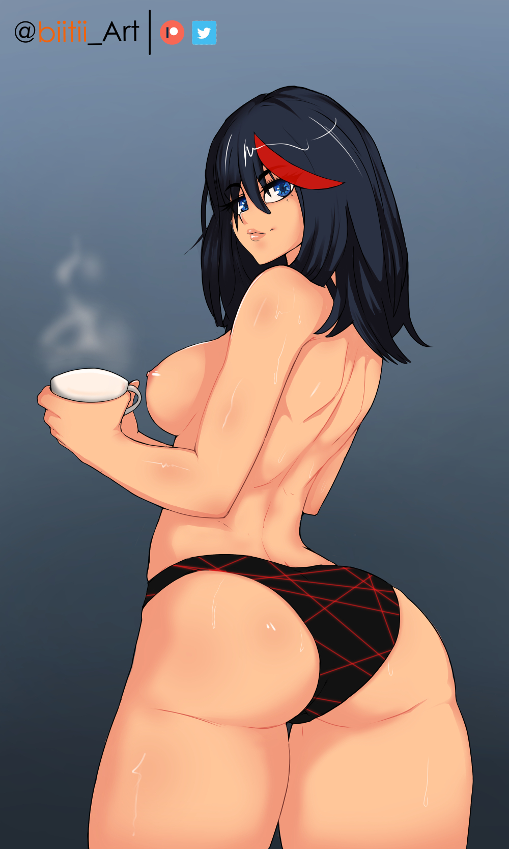 artist name, ass, biitii art, black hair, blue eyes, breasts, cup, female, female only, kill la kill, looking at viewer, looking back, matoi ryuuko, mostly nude, panties, sideboob, solo