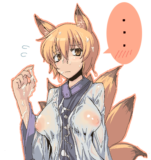 ... aaru_(tenrake_chaya) animal_ears blush brown_hair cum_in_hair cum_on_arm cum_on_face embarrassed erect_nipples erect_nipples_under_clothes frown horny large_breasts multiple_tails no_bra ran_yakumo see-through see-through_clothing see-through_top tail touhou