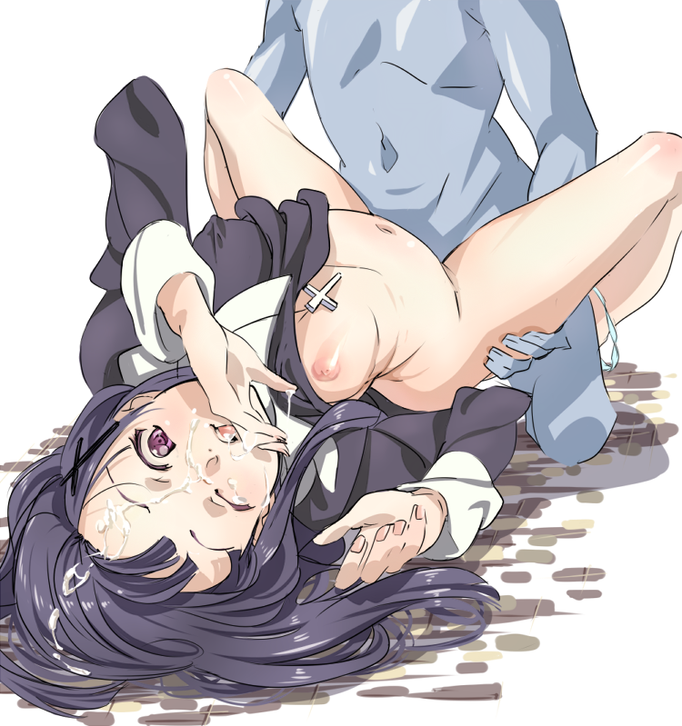 bad_id bad_pixiv_id black_hair bottomless breasts clothing cross cum facial facial_hair habit kannagi long_hair medium_breasts missionary niko_(tama) nun one_eye_closed open_clothes simple_background zange