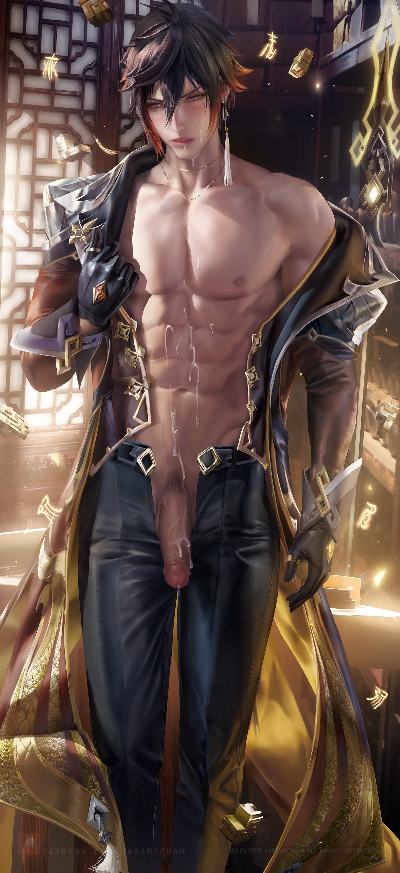 cum, earrings, genshin impact, handsome, male, male focus, male only, nipples, nude, sakimichan, zhongli (genshin impact)