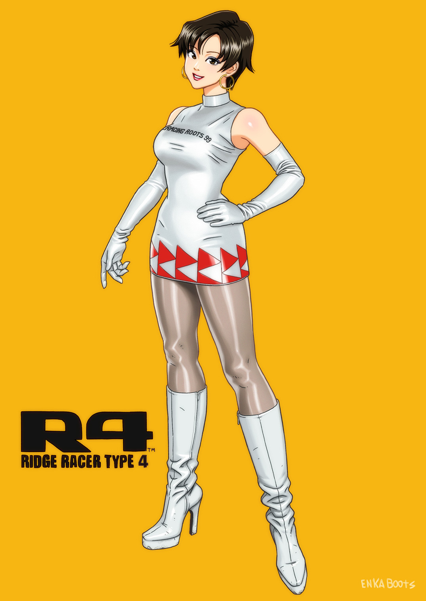 2d black_eyes black_hair boots clothes_writing earrings elbow_gloves enkaboots female full_body gloves high_heel_boots high_heels highres hoop_earrings jewelry miniskirt pantyhose platform_boots platform_footwear platform_heels race_queen reiko_nagase ridge_racer short_hair skirt standing