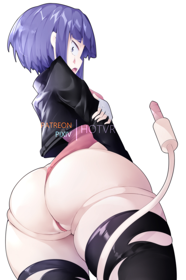 1girls, ass, ass focus, back, back view, big ass, big thighs, bimbo, breasts, ear, favorite, female, female focus, female only, fingerless gloves, gloves, hero outfit (mha), hotvr, huge ass, huge thighs, jacket, kyoka jiro, large ass, leotard, looking at viewer, looking back, my hero academia, open mouth, partially visible vulva, purple hair, purple-haired female, pussy, short hair, simple background, small breasts, solo, solo female, solo focus, teenager, thick thighs, thighhighs, thighs, tongue, white background, wide hips
