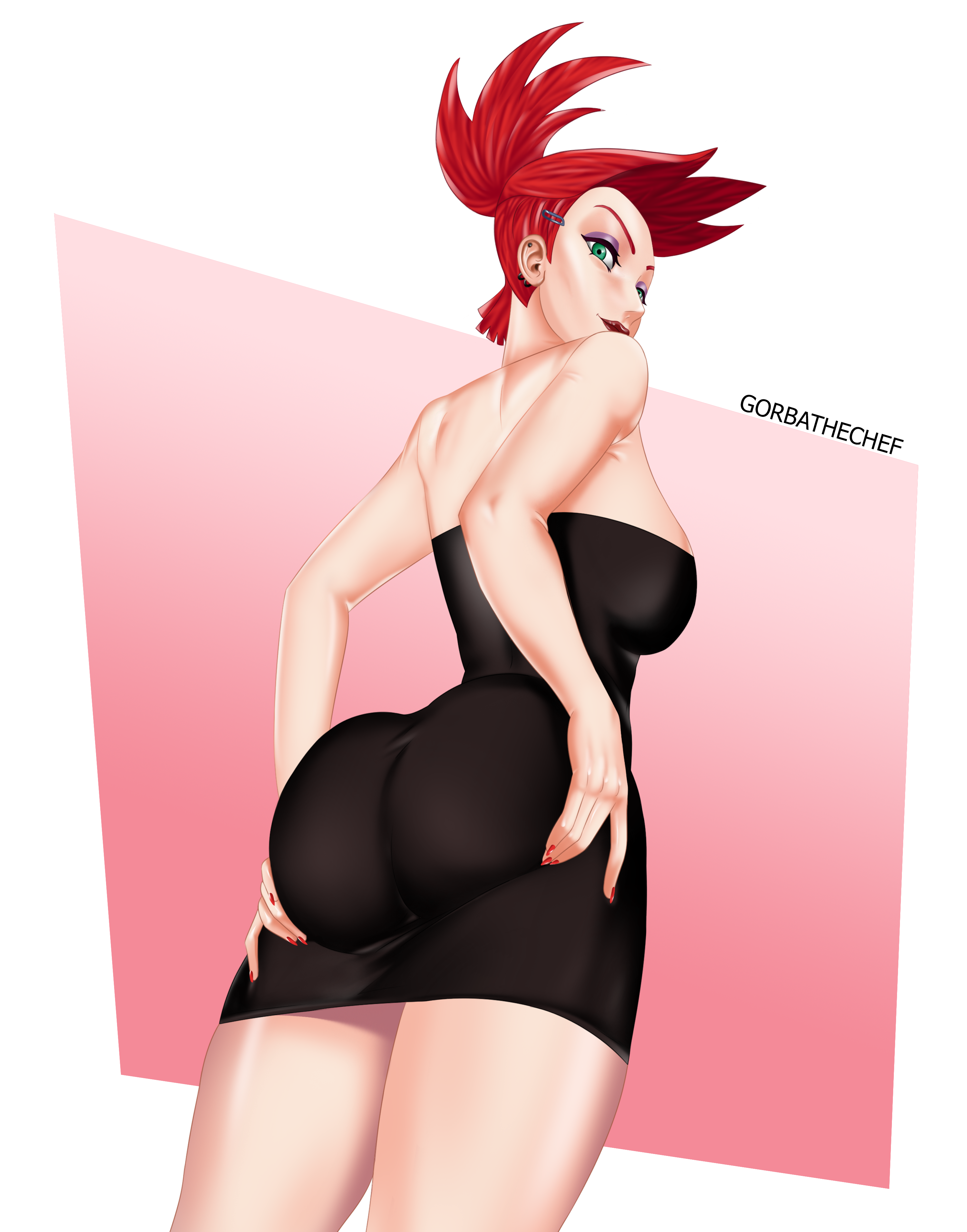 1girls, ass, ass focus, ass grab, big ass, big breasts, black dress, breasts, bubble ass, bubble butt, cartoon network, dress, female, foster's home for imaginary friends, frankie foster, from behind, gorbathechef, green eyes, large ass, lipstick, looking at viewer, minidress, pencil dress, red hair, red lipstick, smile, solo, thick, thick ass, tight dress