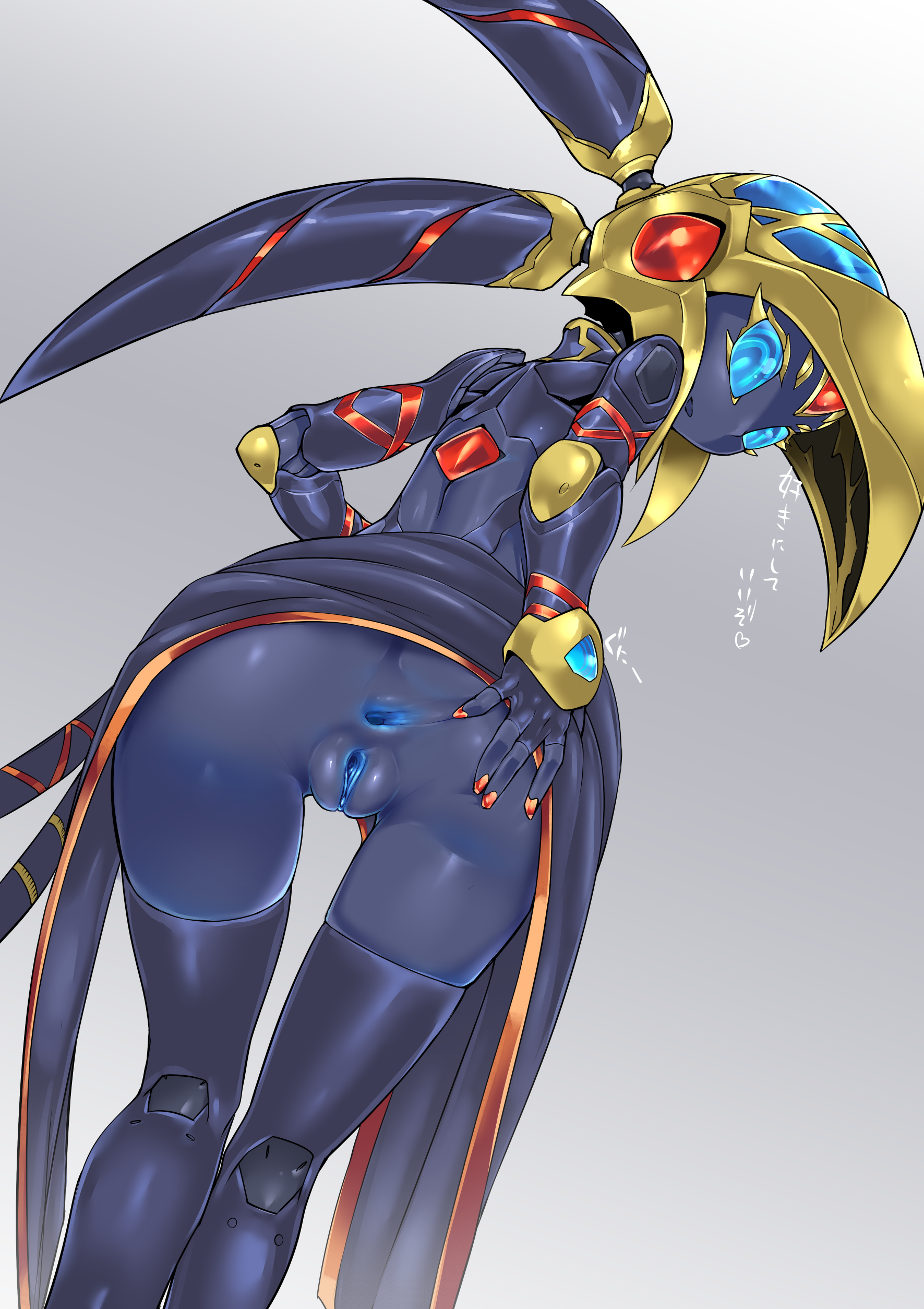 1girls, absurdres, anthro, anus, ass, ass grab, blue anus, blue eyes, blue pussy, clitoris, female, forehead jewel, gradient background, grey background, heart, helmet, high resolution, highres, iota (pochincoff), japanese text, jewelry, looking at viewer, looking back, original, original character, pochincoff, presenting, presenting ass, purple skin, pussy, robot, smile, spread anus, text, uncensored