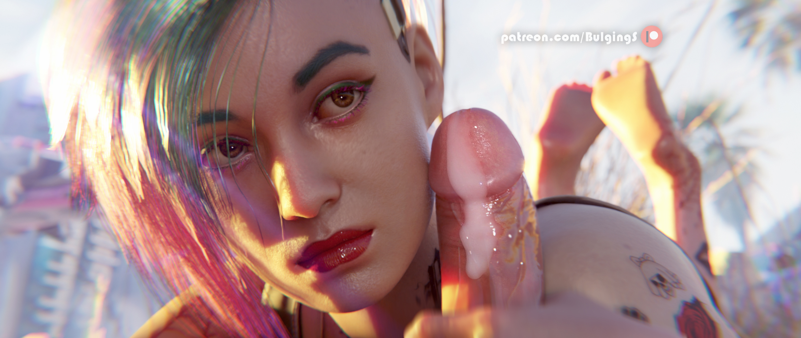 3d, barefoot, blender, bulgingsenpai, colored hair, cum, cum on penis, cumdrip, cyberpunk, cyberpunk 2077, eye contact, feet, feet up, female, handjob, hi res, high resolution, highres, imminent oral, judy alvarez, lipstick, looking at viewer, makeup, male, on stomach, oral, penis, pov, pov eye contact, punk, punk girl, realistic, red lipstick, shaved side, side shave, soles, tagme, tattoo, two-tone hair, uncensored