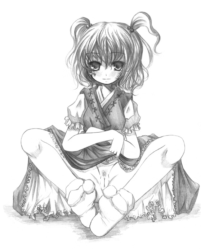 censored dress_lift feet komachi_onozuka kurona monochrome no_panties pencil_(artwork) pubic_hair socks touhou