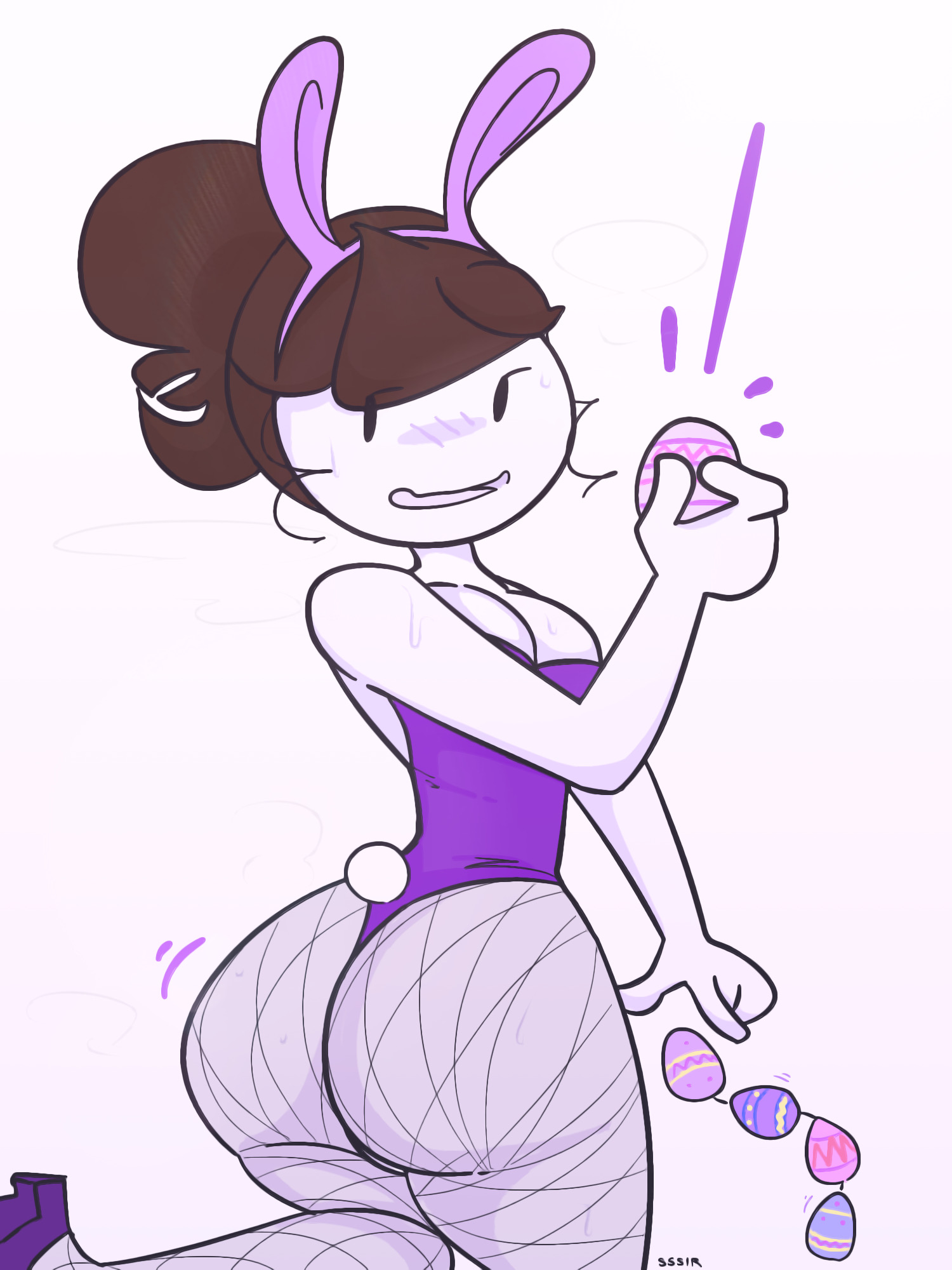 ass, big ass, brown hair, bunny ears, bunnysuit, clothing, easter, egg, female, fishnets, jaiden, jaiden animations, long hair, looking back, mob face, ponytail, slobbyslapper, sssir, sssir8, white skin, youtube, youtuber