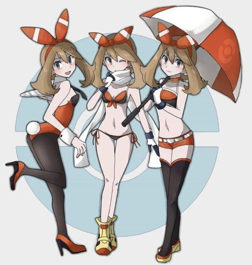3girls, alternate outfit, bikini, bunny ears, bunny girl, bunny tail, bunnysuit, female, high heels, holding, holding object, kuroi paseri, looking at viewer, may (pokemon oras), may (pokemon), playboy bunny, pokemon, pokemon oras, presenting, prostitution, trio, umbrella