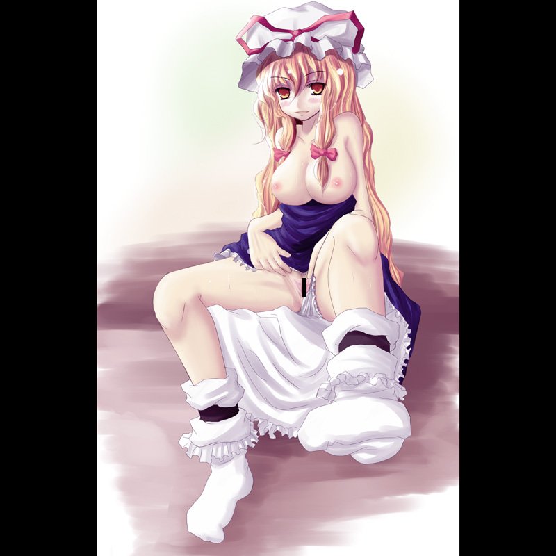 blonde_hair blush censored eyebrows_visible_through_hair grin hat kurona large_breasts long_hair no_bra socks touhou white_panties yukari_yakumo