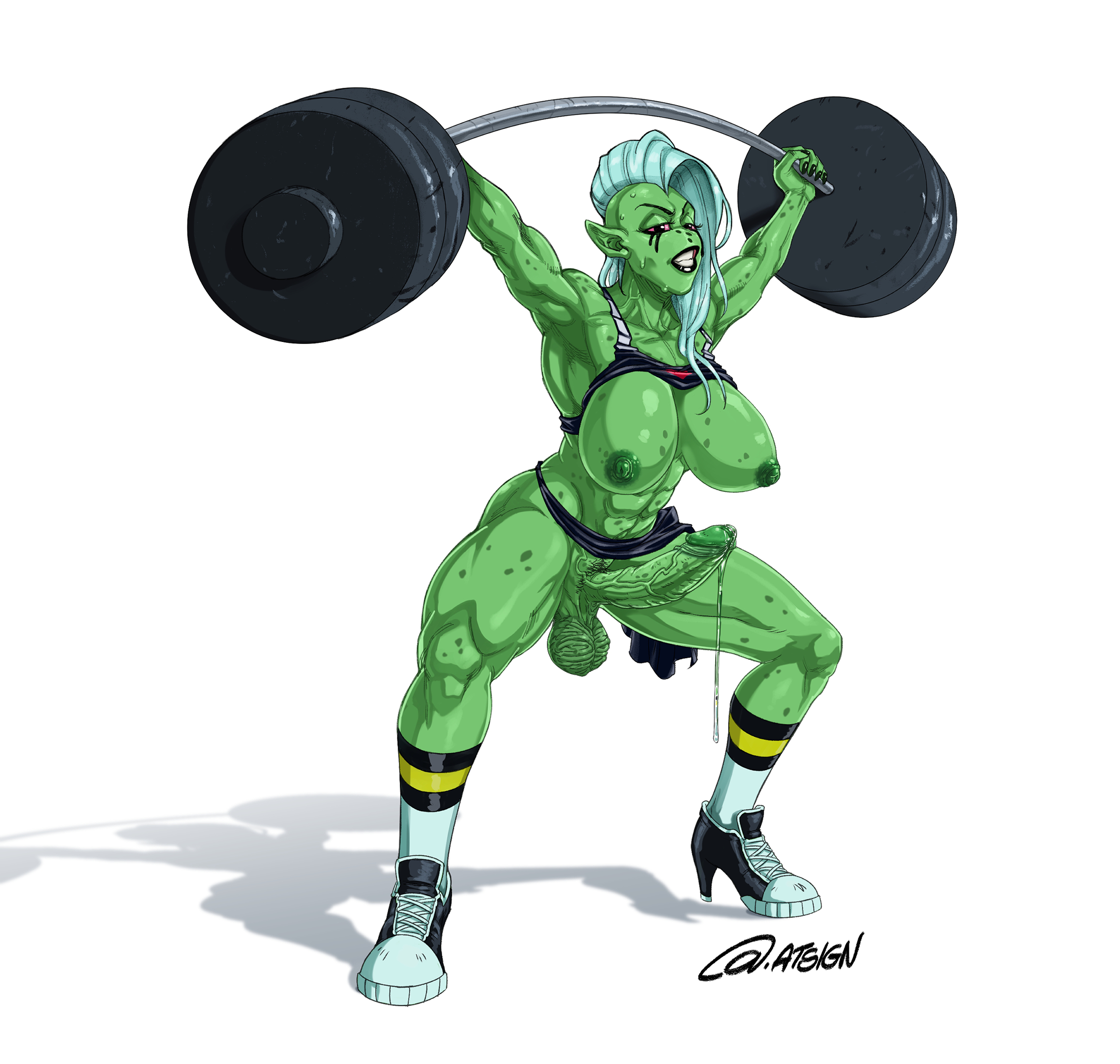 1futa, abs, areolae, atsign34, balls, big breasts, big penis, breasts, clothing, erection, futa only, futanari, green skin, humanoid, humanoid penis, intersex, large breasts, loincloth, lord dominator, muscles, muscular, muscular futa, nipples, nude, penis, pointy ears, precum, solo, standing, testicles, wander over yonder, weightlifting, weights, wrinkled balls