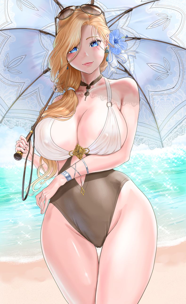2021, arm under breasts, astorea, azur lane, beach, blonde hair, blue eyes, breasts, closed mouth, female, female focus, female only, flower in hair, hair flower, holding, holding object, holding umbrella, hood (azur lane), hood (sunlit lady) (azur lane), looking at viewer, mouth closed, nipple bulge, nipples, nipples visible through clothing, ocean, one-piece swimsuit, see-through, see-through swimsuit, solo, solo female, solo focus, standing, sun, sunglasses, sunglasses on head, sunlight, swimsuit, swimwear, umbrella