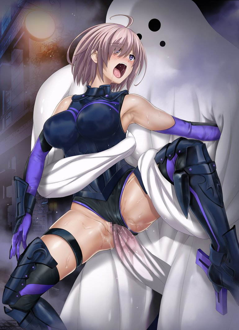 1boy armor armored_boots armored_leotard bodysuit boots breastplate breasts censored creature cyclone elbow_gloves fate/grand_order fate_(series) female gloves high_heel_boots high_heels homunculus leotard mash_kyrielight monster penis purple_eyes pussy pussy_juice rape sex spread_legs standing standing_sex straight sweat thighhighs vaginal_penetration