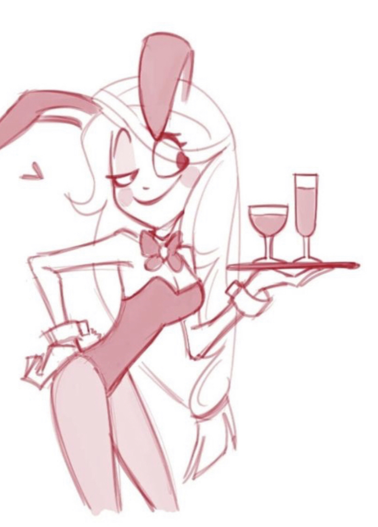 1girls, bowtie, bunny, bunny costume, bunny ears, bunny tail, bunnysuit, charlie morningstar (hazbin hotel), clothing, female, hazbin hotel, heart, holding, holding object, imminent blowjob, imminent fellatio, imminent oral, offering, playboy, playboy bunny, playboy bunny leotard, prostitution, serving, serving tray, straight hair, vivienne medrano