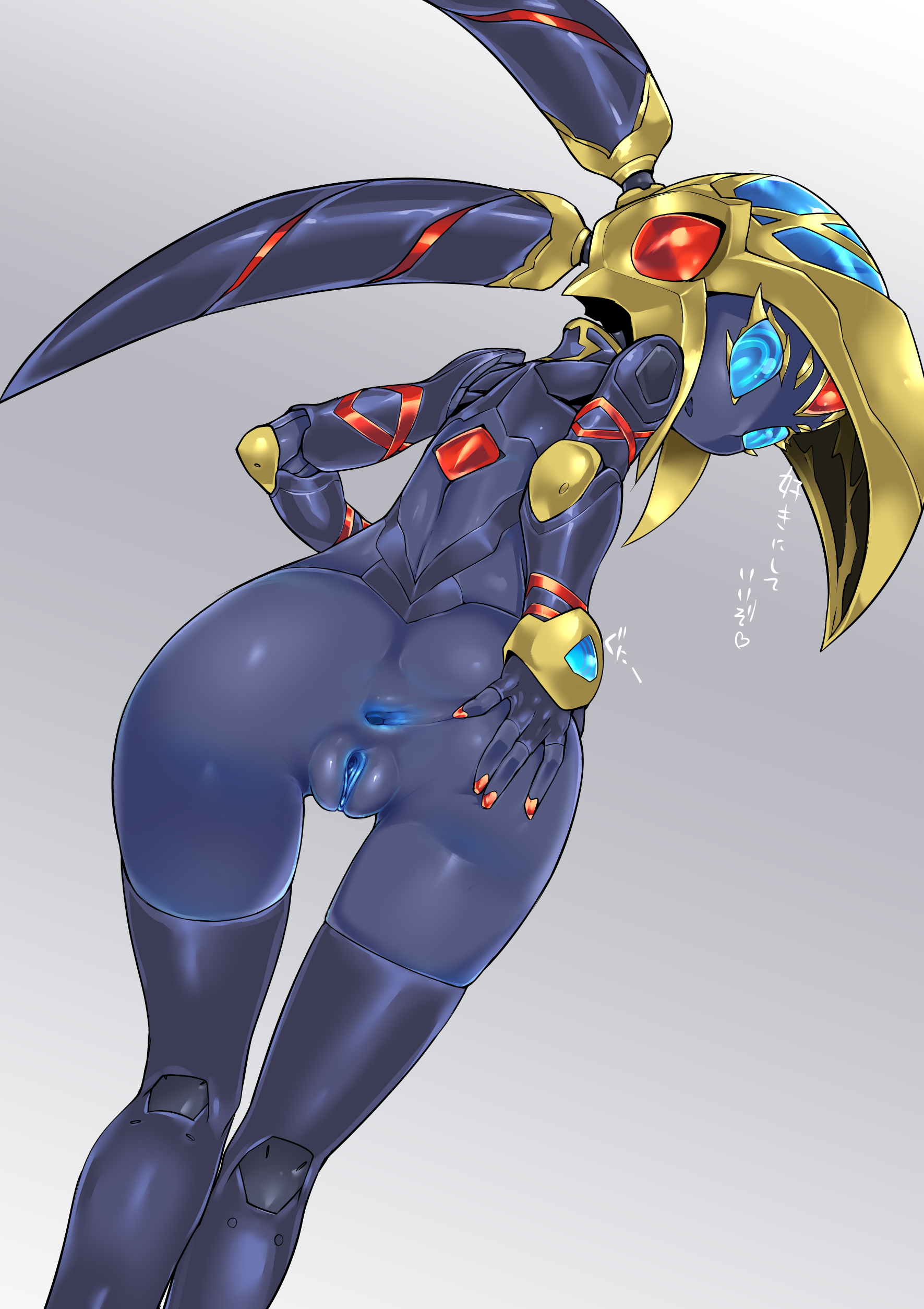1girls, absurdres, anthro, anus, ass, ass grab, blue anus, blue eyes, blue pussy, clitoris, female, forehead jewel, gradient background, grey background, helmet, high resolution, highres, iota (pochincoff), japanese text, jewelry, looking at viewer, looking back, original, original character, pochincoff, presenting, presenting ass, purple skin, pussy, robot, smile, spread anus, text, uncensored