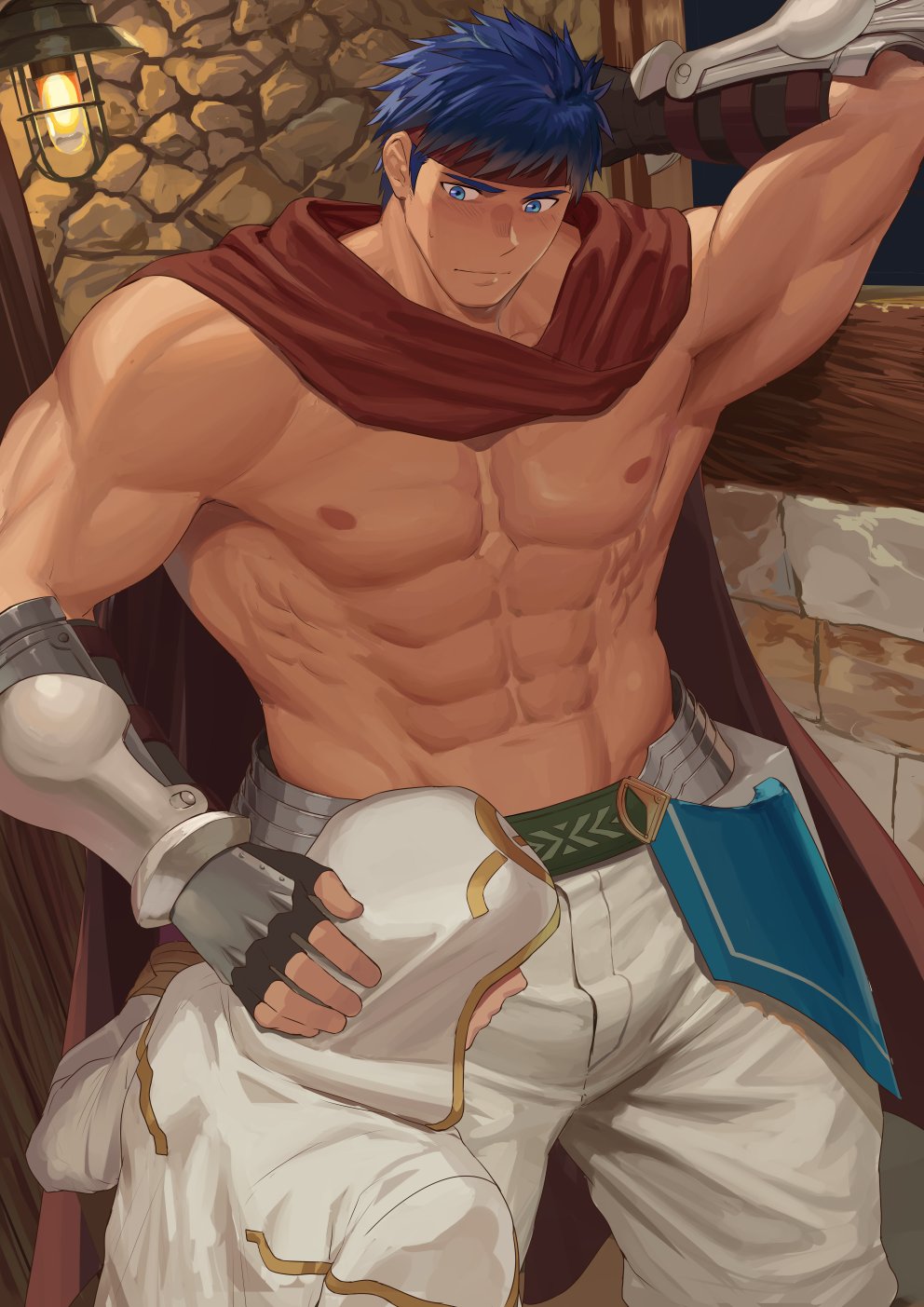 2boys abs alternate_pectoral_size ambiguous_gender armpit athletic athletic_male bara bare_pectorals biceps big_balls big_muscles big_penis black_gloves blue_eyes blue_hair bodybuilder bulge calves cape dainyu_dougumo dainyuu_(dgls) dgls fire_emblem fire_emblem:_radiant_dawn fire_emblem_heroes gloves hairless_armpits hand_on_another's_head headband hunk ike_(fire_emblem) ike_(vanguard)_(fire_emblem) imminent_fellatio jock kiran_(fire_emblem) large_pectorals male male/male male_focus male_only multiple_boys muscles muscular muscular_male navel nintendo nipples no_visible_genitalia nude pants pecs pectorals red_headband short_hair thick_legs thick_penis thick_thighs thighs vambraces white_pants yaoi