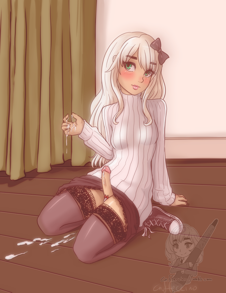 1futa after_masturbation background black_ribbon blue_eyes blush caffeccino corretto_(caffeccino) cum cum_on_hand cute eyebrows_visible_through_hair fappuccino futanari looking_at_viewer medium_breasts medium_penis original_character penis penis_ribbon ribbon sneakers stockings sweater white_hair