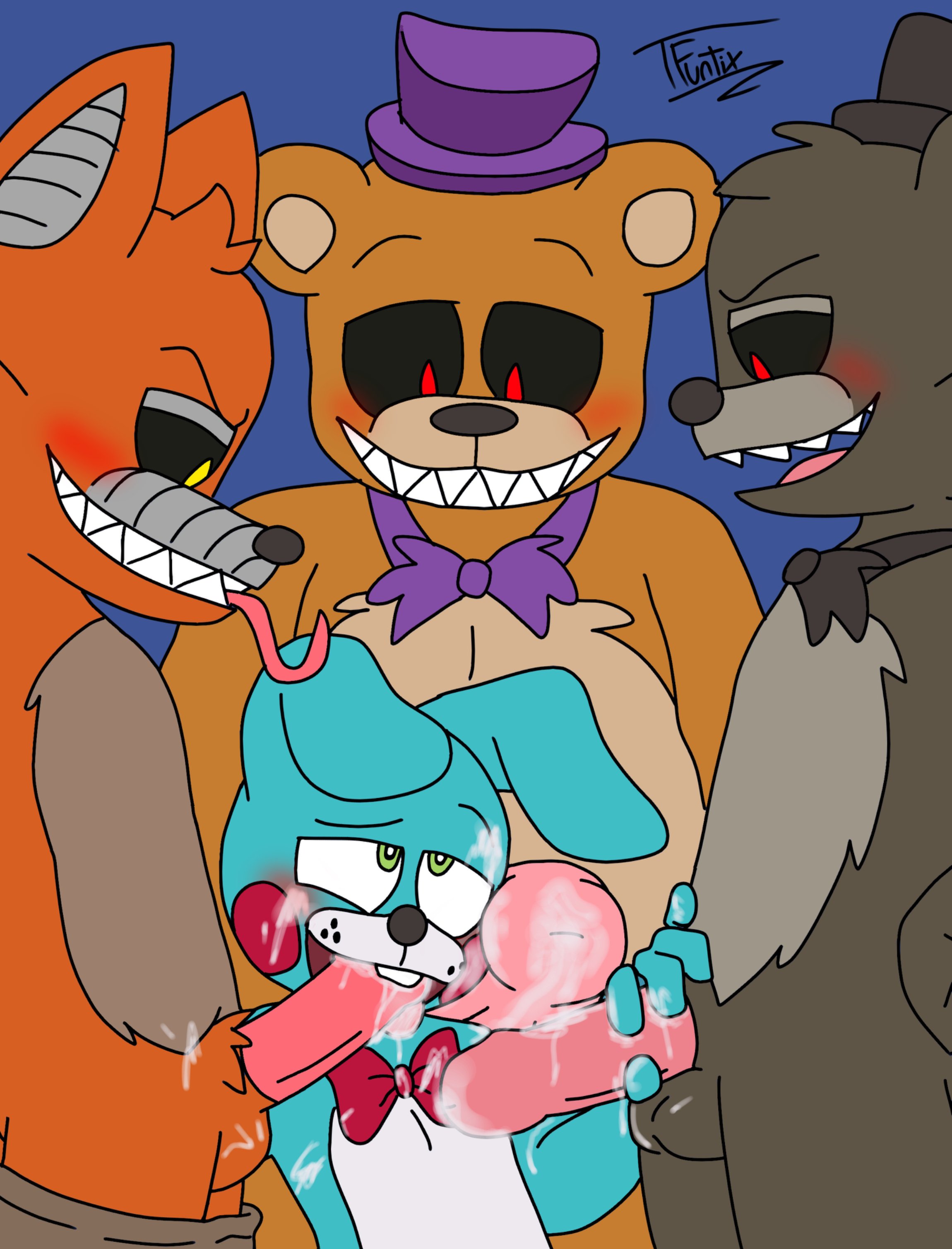 2020, 4boys, animal genitalia, animatronic, anthro, balls, bear, big penis, black body, black eyes, black fur, black nose, blowjob, blush, bow tie, bowtie, brown body, brown fur, cum, cum in balls, cum in body, cum in face, cum on balls, cum on bow, cum on face, cum on penis, cum on tongue, fapping, five nights at freddy's, five nights at freddy's 2, five nights at freddy's 4, foreskin, fox, funtix, fur, gay, green eyes, group, half-closed eyes, looking down, male, male only, nightmare foxy, nightmare fredbear, nightmare fredbear (fnaf), nightmare freddy, open mouth, penis, penis in mouth, penis on face, r34funtix, red eyes, sharp teeth, smile, smiling, standing, teeth, thick penis, tongue, tongue out, top hat, toy bonnie, toy bonnie (fnaf), uncircumcised, uncut, video games, yaoi, yellow body, yellow eyes, yellow fur