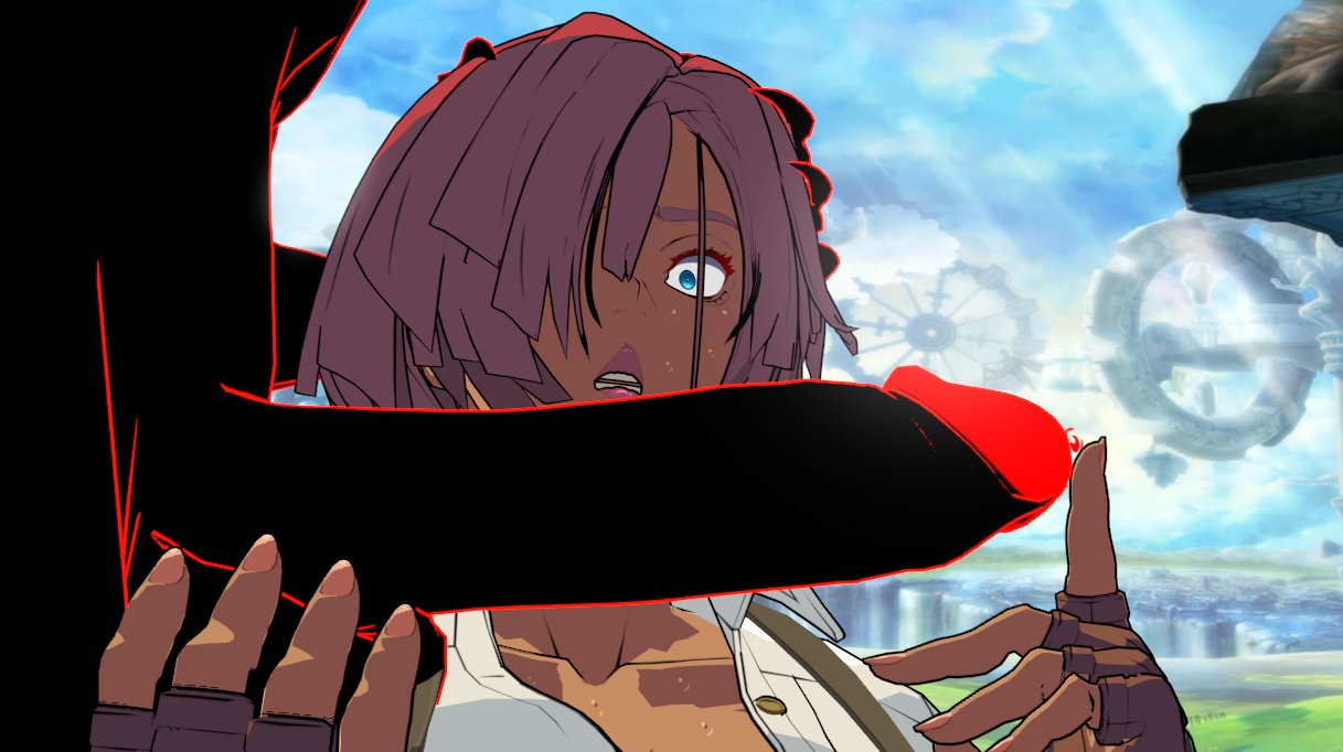 1boy 3d big_penis black_body black_penis black_skin blue_eyes bob_cut boxman brown_fingerless_gloves cock_awe dark-skinned_female dark_skin eddie_(guilty_gear) female finger_on_glans finger_on_penis fingerless_gloves giovanna_(guilty_gear) glowing_glans guilty_gear guilty_gear_strive hand_on_another's_head holding_balls holding_penis imminent_fellatio imminent_oral male_on_female nervous penis_awe precum red_glans red_hair shadow_creature shadow_monster short_hair suspender sweat white_shirt wide_eyed