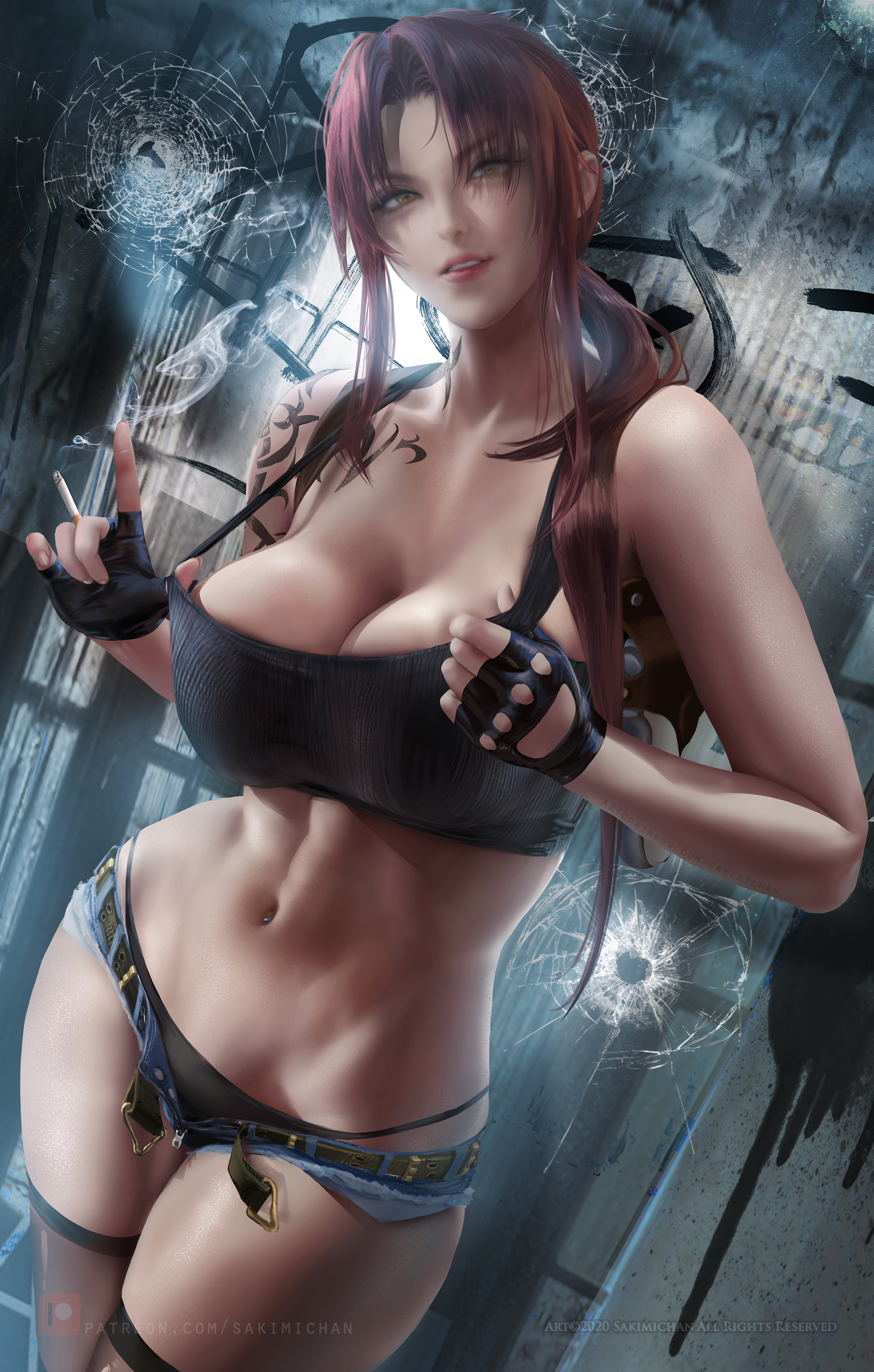 1girls, abs, bare shoulders, belt, big breasts, black lagoon, breasts, broken glass, brown eyes, brown hair, bullet hole, cigarette, cleavage, clothing, detailed background, female, female focus, female only, fingerless gloves, gloves, gun, hi res, high resolution, highres, holding cigarette, large breasts, long hair, looking at viewer, navel, navel piercing, piercing, ponytail, pulling shirt, realistic, revy, sakimichan, shorts, smile, smoke, solo, solo female, solo focus, tank top, tattoo, thick thighs, thighhighs, thighs, thunder thighs, tomboy, toned, toned female, underwear, weapon, weapon holster