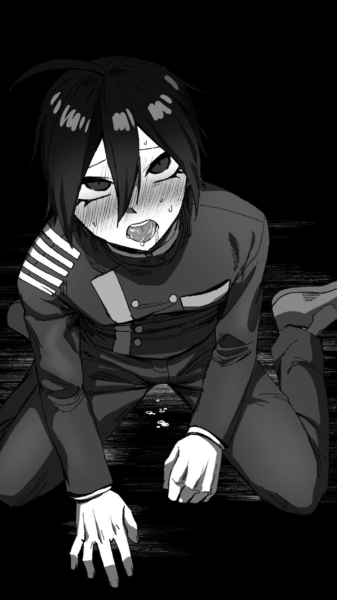 ahoge, blush, danganronpa, danganronpa v3, drooling, femboy, flustered, fully clothed, legs apart, male, male only, open mouth, saihara shuuichi, shuichi saihara, sitting, straight hair, tongue, tongue out, twink, uniform
