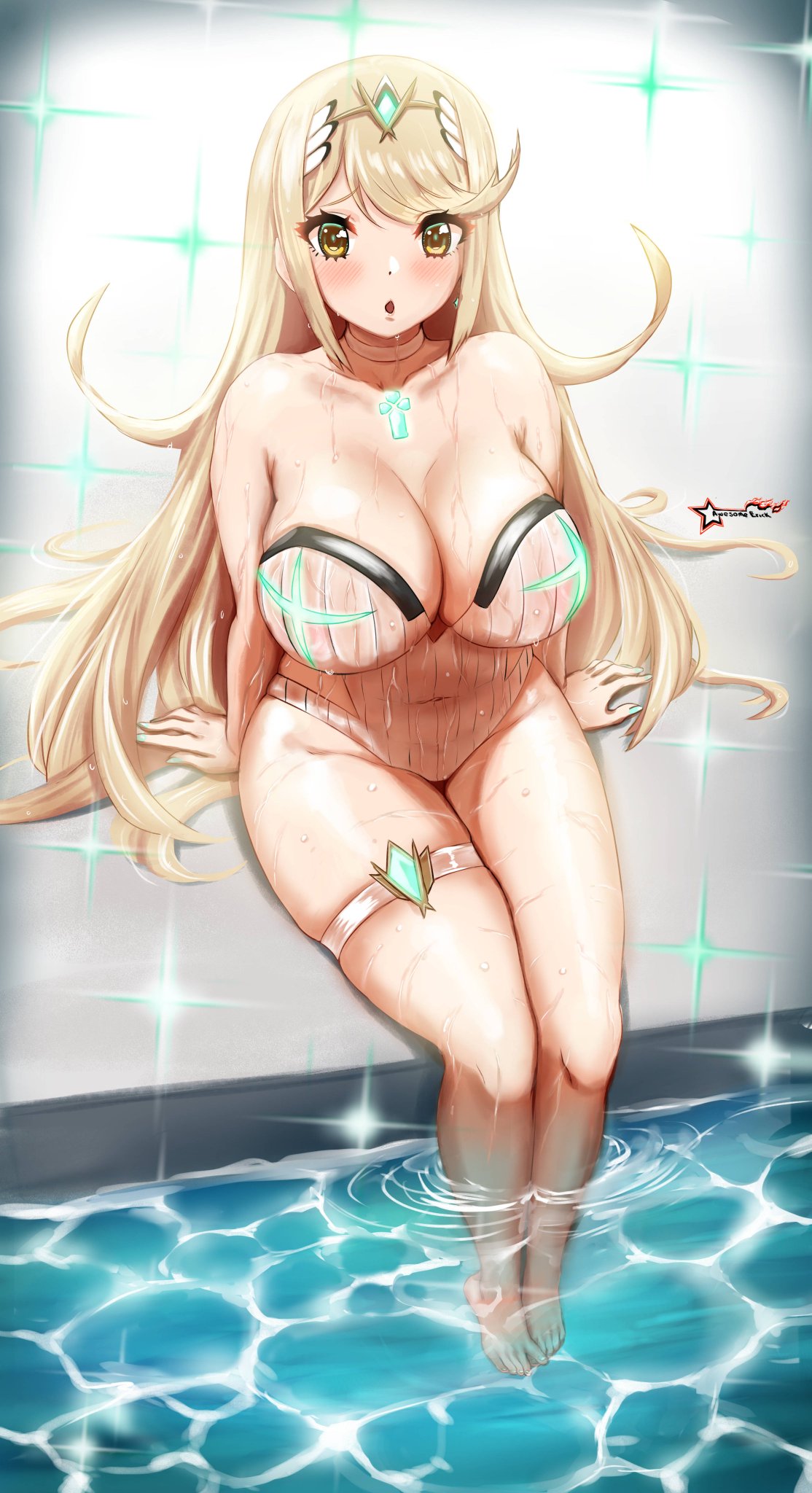 1girls, ass, awesomeerix, barefoot, big breasts, blonde hair, breasts, curvy, cute, feet, female, female only, foot fetish, full body, huge breasts, mythra, open mouth, poolside, solo, solo female, swimsuit, thick, thick ass, thick thighs, toes, voluptuous, wide hips, xenoblade (series), xenoblade chronicles 2