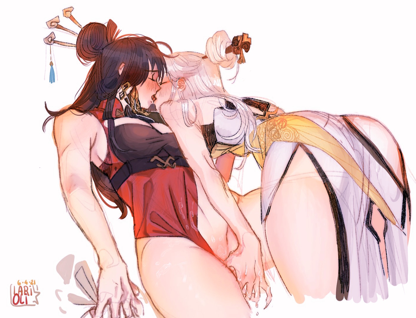 2021, 2girls, artist request, artist signature, beidou (genshin impact), black hair, blush, elevered, female, female only, fingering, genshin impact, grabbing sheets, kissing, larioli, leotard aside, lesbian, looking pleasured, multiple females, multiple girls, ningguang (genshin impact), pussy, pussy juice, white background, white hair, yuri