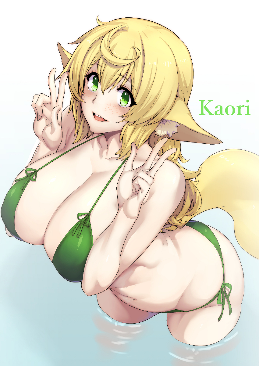 1girls big_breasts blonde_hair green_eyes kaori_(whooosaku) original solo_female swimsuit tagme whooosaku