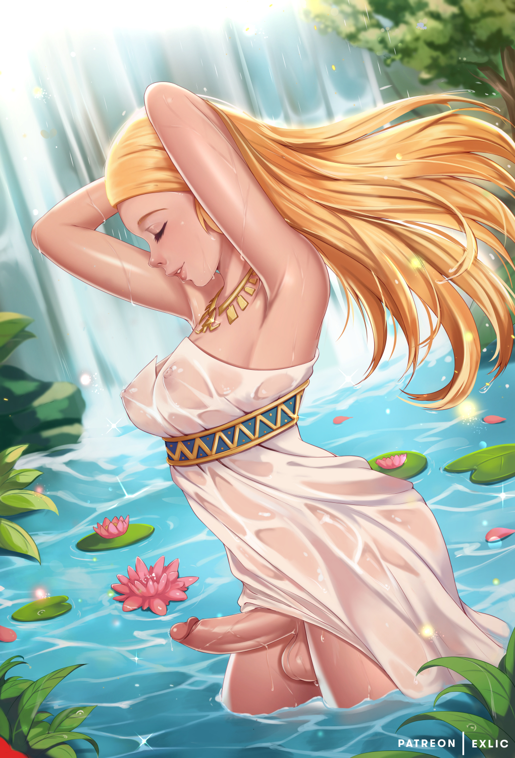 1futa areolae balls breasts breath_of_the_wild casual casual_erection cleavage clothed clothing detailed_background erection exlic futa_only futanari horny hylian intersex mostly_clothed neckwear nipples outdoors outside pale_skin penis princess_zelda see-through solo standing testicles the_legend_of_zelda water wet wet_clothes zelda's_ceremonial_robes zelda_(breath_of_the_wild)