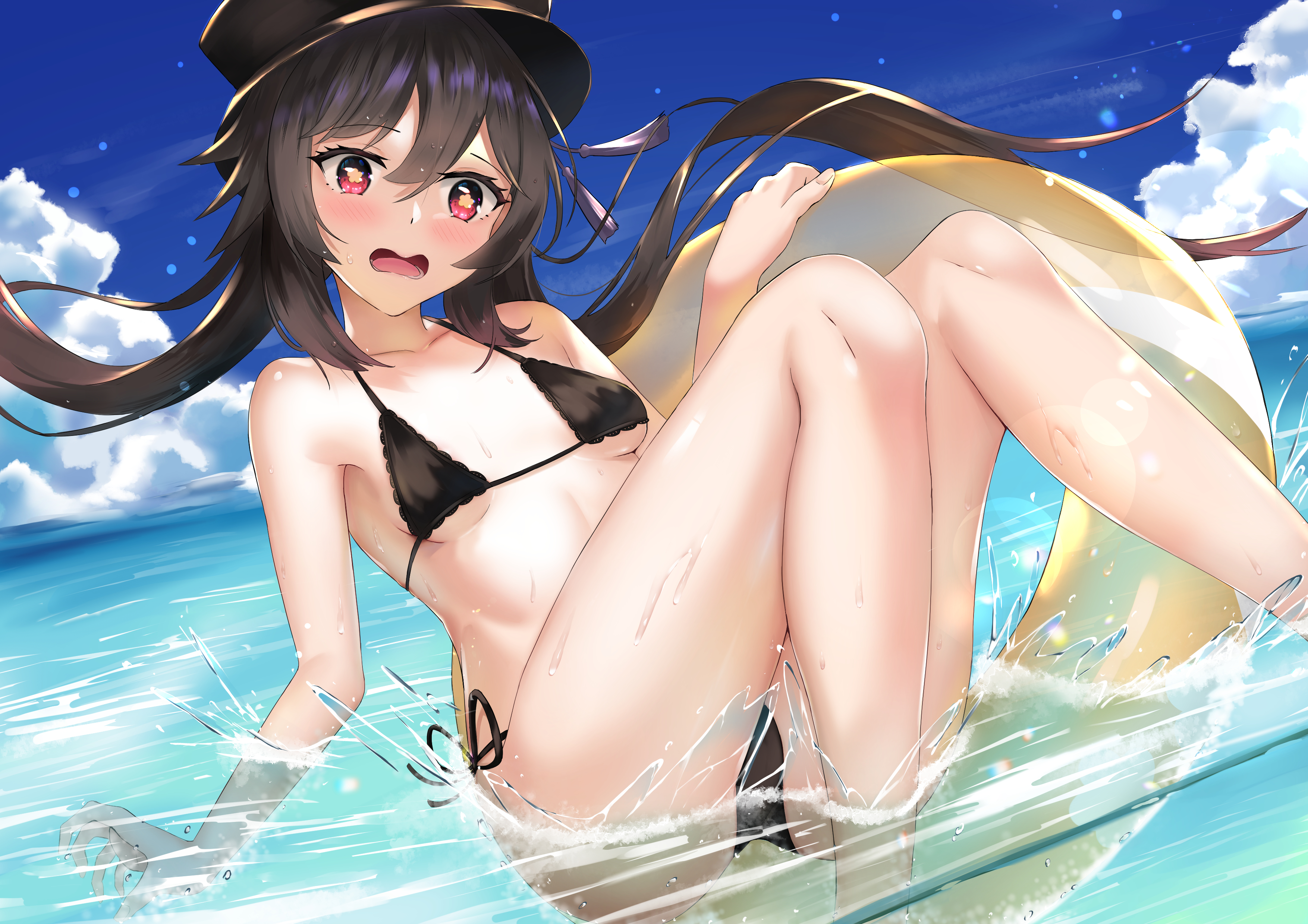1girls, bare legs, beach, bikini, black bikini, blush, boo tao (genshin impact), breasts, brown hair, embarrassed, female, genshin impact, ghost, hair, highres, hu tao (genshin impact), human, legs, looking at viewer, red eyes, skai kun, small breasts, thighs, twintails, underboob, wethat