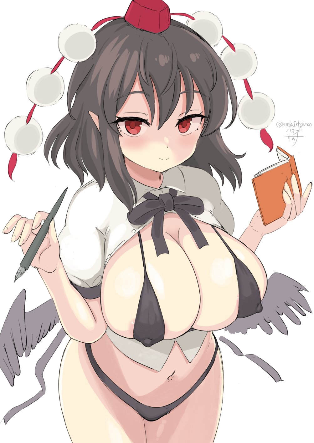 1girls, anda inmu, areola slip, big breasts, black hair, breasts, female, hamaburicchi, micro bikini, nipple bulge, red eyes, shameimaru aya, tagme, tengu, touhou, underwear, wings