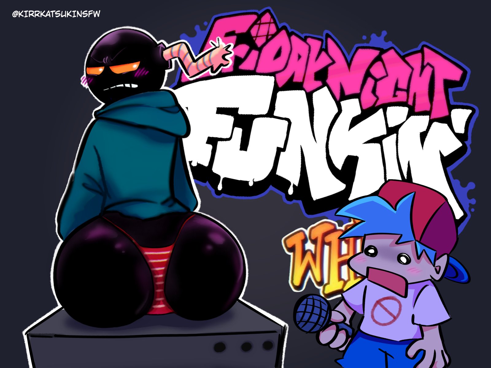 2boys, ass, black body, black skin, blush, boyfriend (friday night funkin), bubble ass, bubble butt, embarrassed, femboy, friday night funkin, gay, male, male only, thong, whitty, whitty (friday night funkin), yaoi