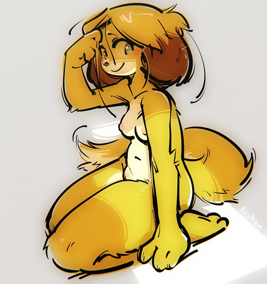 animal_crossing anthro arm_tuft barefoot blush breasts canid canine canis domestic_dog elbow_tufts feet female fur isabelle_(animal_crossing) kneeling mammal nintendo nipples nude panken raised_arm shih_tzu simple_background small_breasts solo toy_dog tuft video_games yellow_body yellow_fur