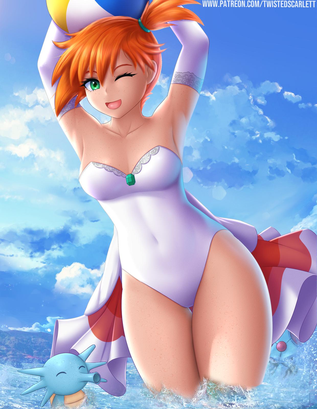 1girls areolae armpits arms_up ball beach_ball being_watched blue_background breasts closed_eyes clouds day dress eyelashes female female_only feral freckles goldeen_(cosplay) green_eyes hair holding horsea human human_only jellyfish kasumi_(pokemon) legs looking_at_viewer navel nintendo open_smile orange_hair pokemon pokemon_(cosplay) pokemon_rgby seahorse short_hair side_ponytail size_difference sky smile solo tentacruel text thick thick_thighs thigh_gap tongue twistedscarlett60 url video_games water watermark wide_hips wink