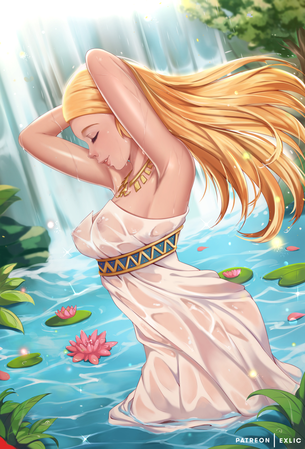 1girls areolae blonde blonde_female blonde_hair breasts breath_of_the_wild cleavage demigoddess exlic female female_only feminine hylian nintendo nipples pointy_ears princess_zelda see-through_clothing solo the_legend_of_zelda wet wet_clothes zelda's_ceremonial_robes zelda_(breath_of_the_wild)